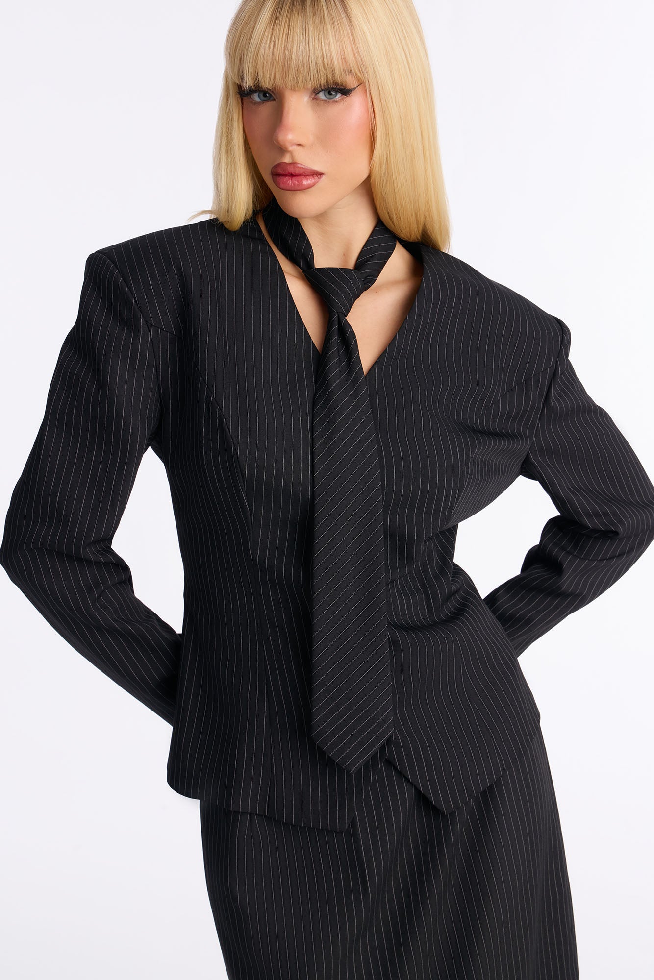 Sharp Words Blazer Necktie Maxi Skirt Set - Black