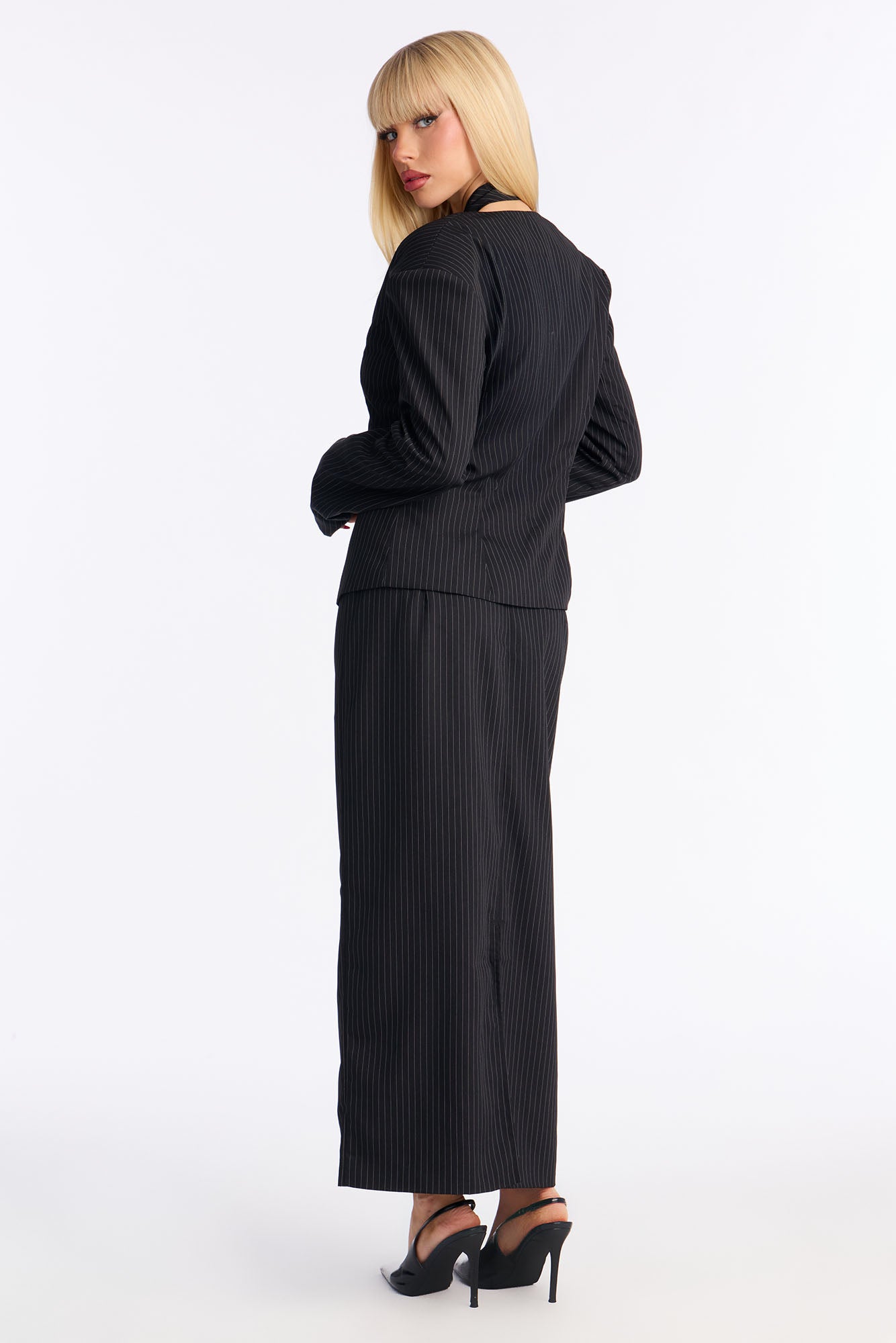 Sharp Words Blazer Necktie Maxi Skirt Set - Black