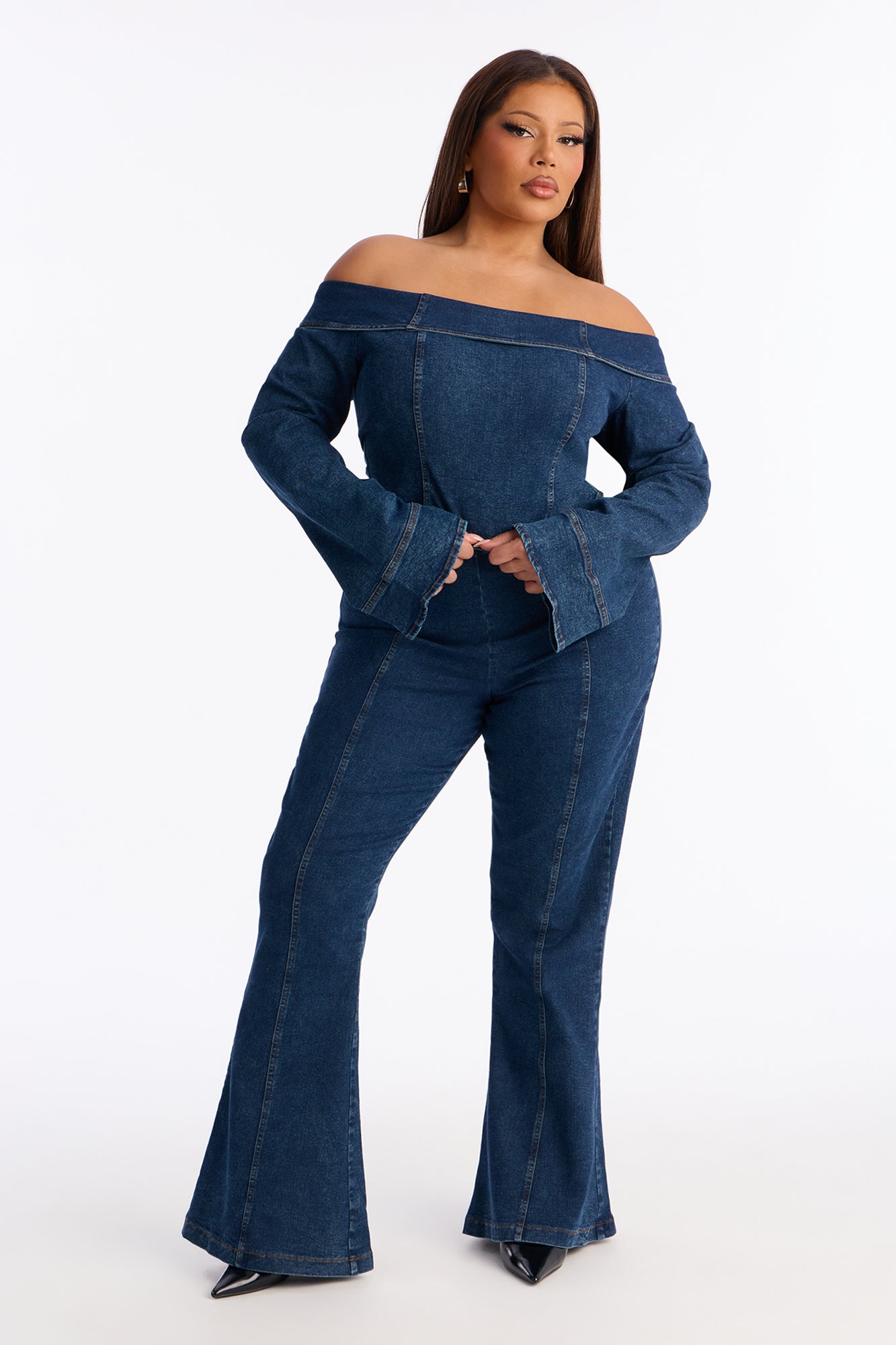 City Lights Off Shoulder Denim Flare Pant Set - Medium Wash