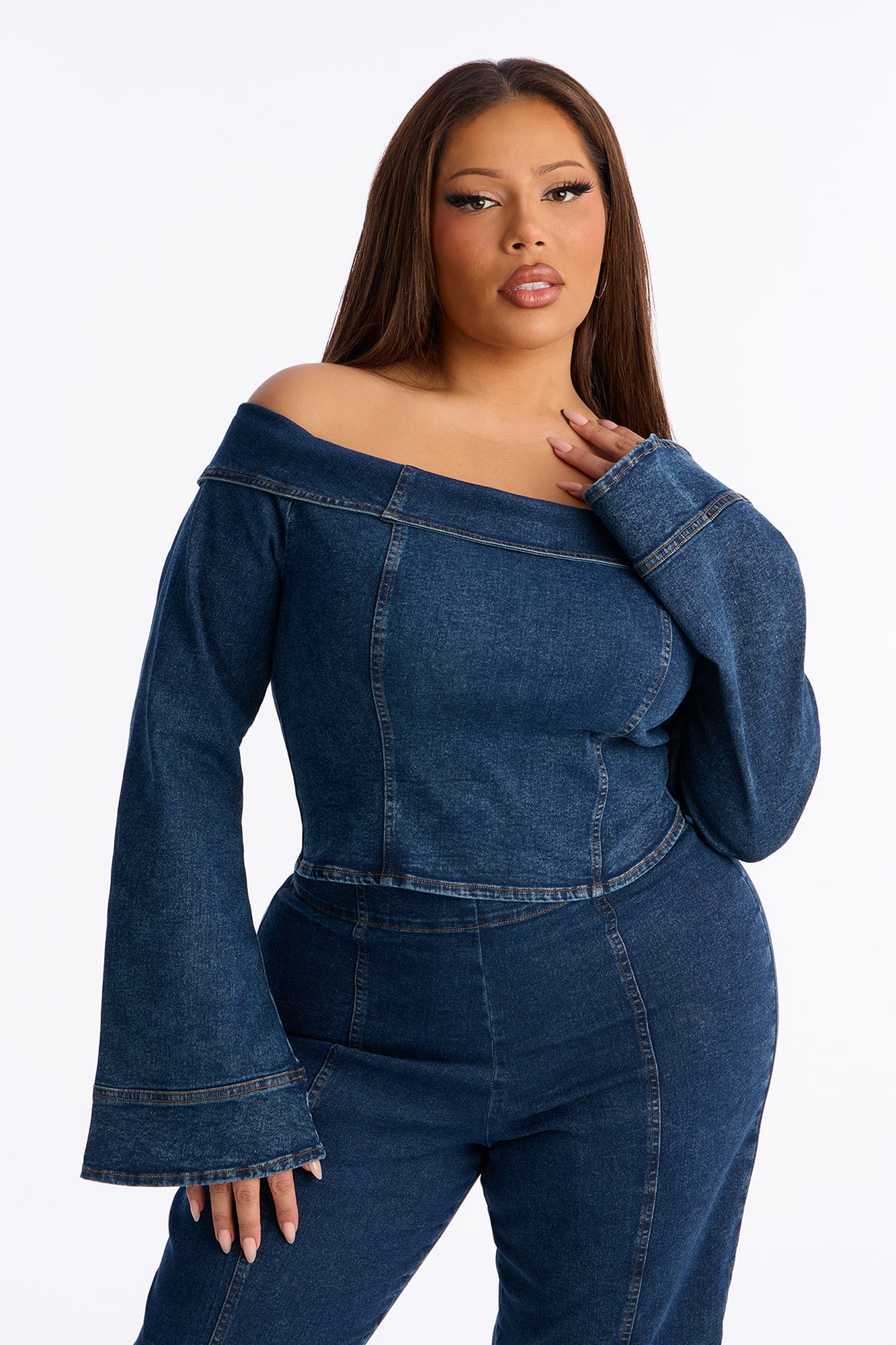 City Lights Off Shoulder Denim Flare Pant Set - Medium Wash
