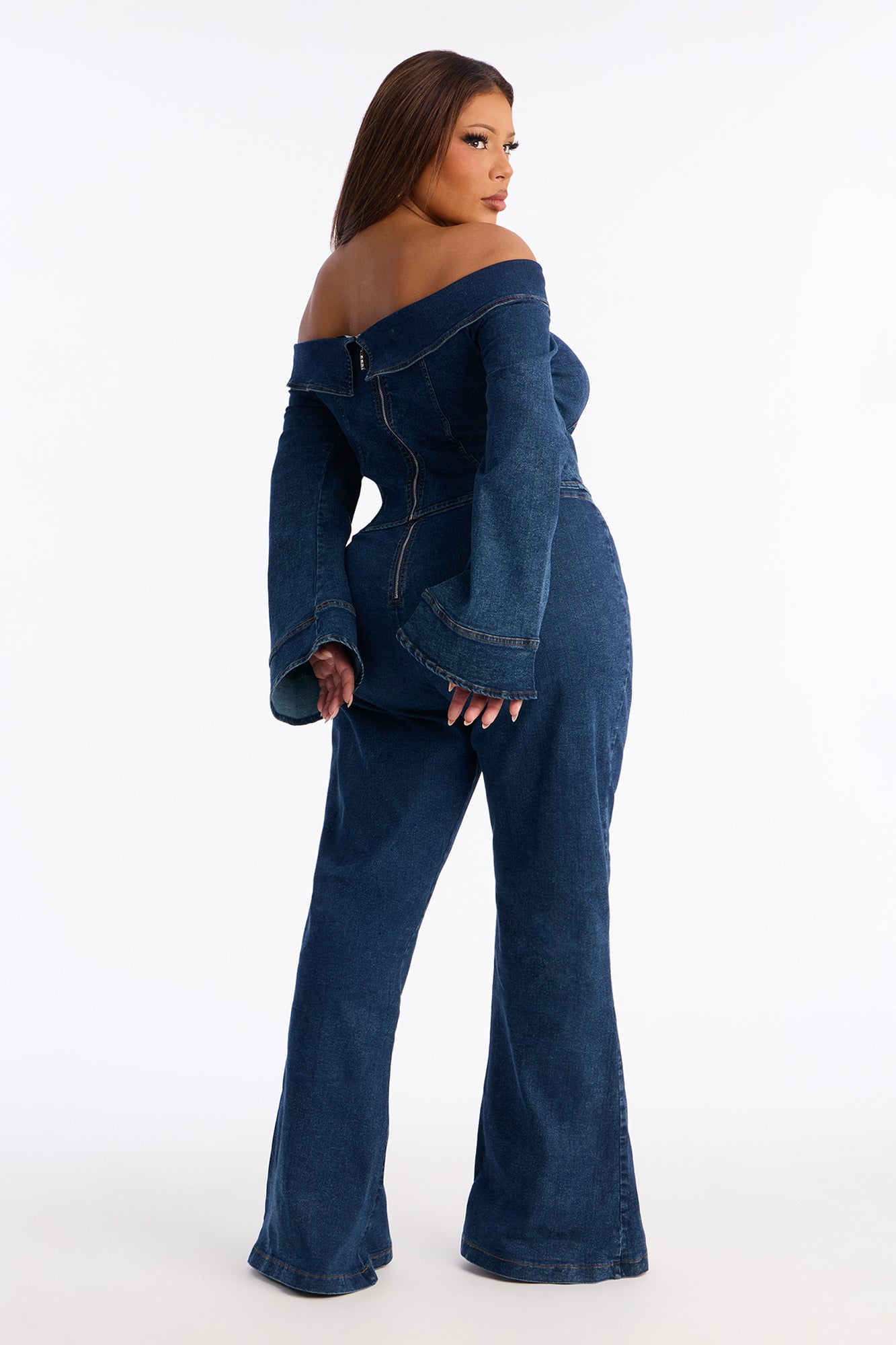 City Lights Off Shoulder Denim Flare Pant Set - Medium Wash
