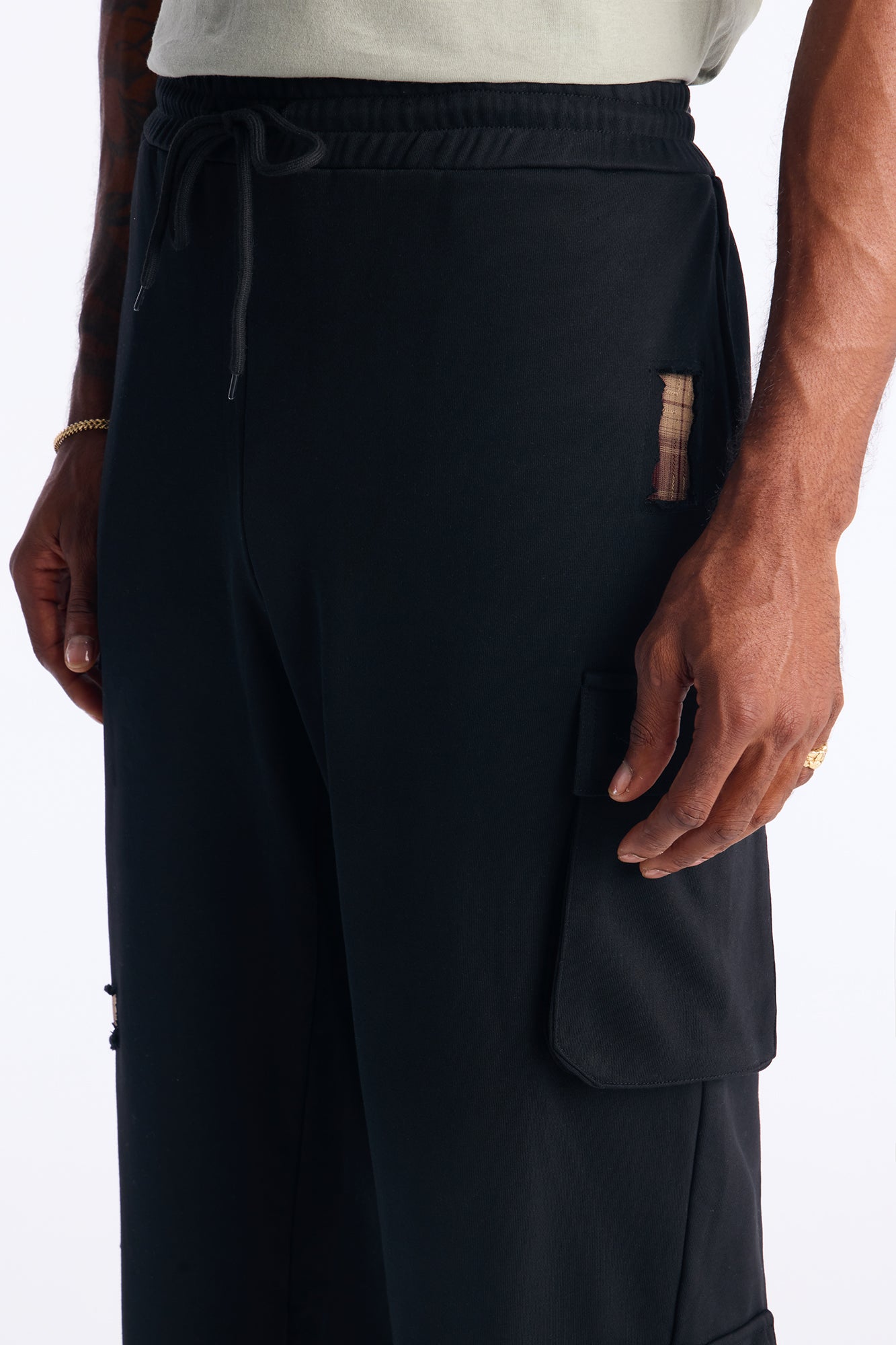 Plaid Patch Straight Sweatpants - Black