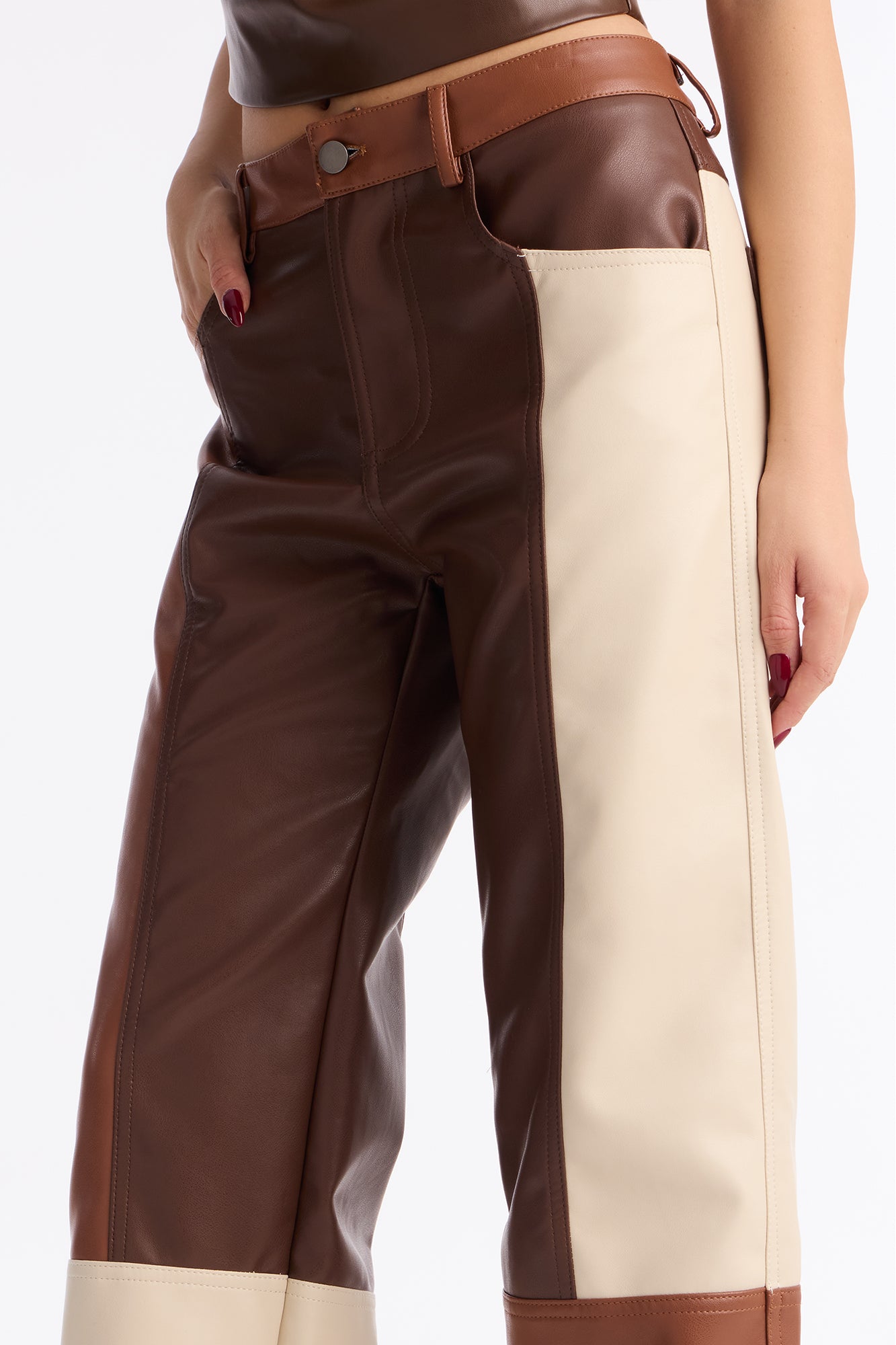 Mixed Feelings Faux Leather Straight Leg Pant 32″ - Brown/combo