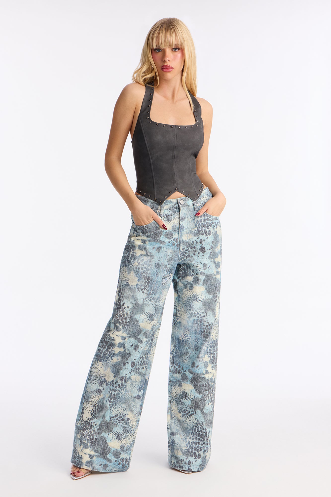 On The Hunt Leopard Camo Wide Leg Jeans - Blue/combo