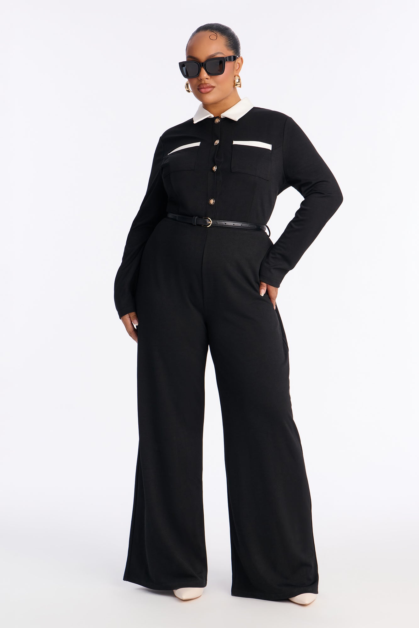 Coco Belted Collar Long Sleeve Jumpsuit - Black