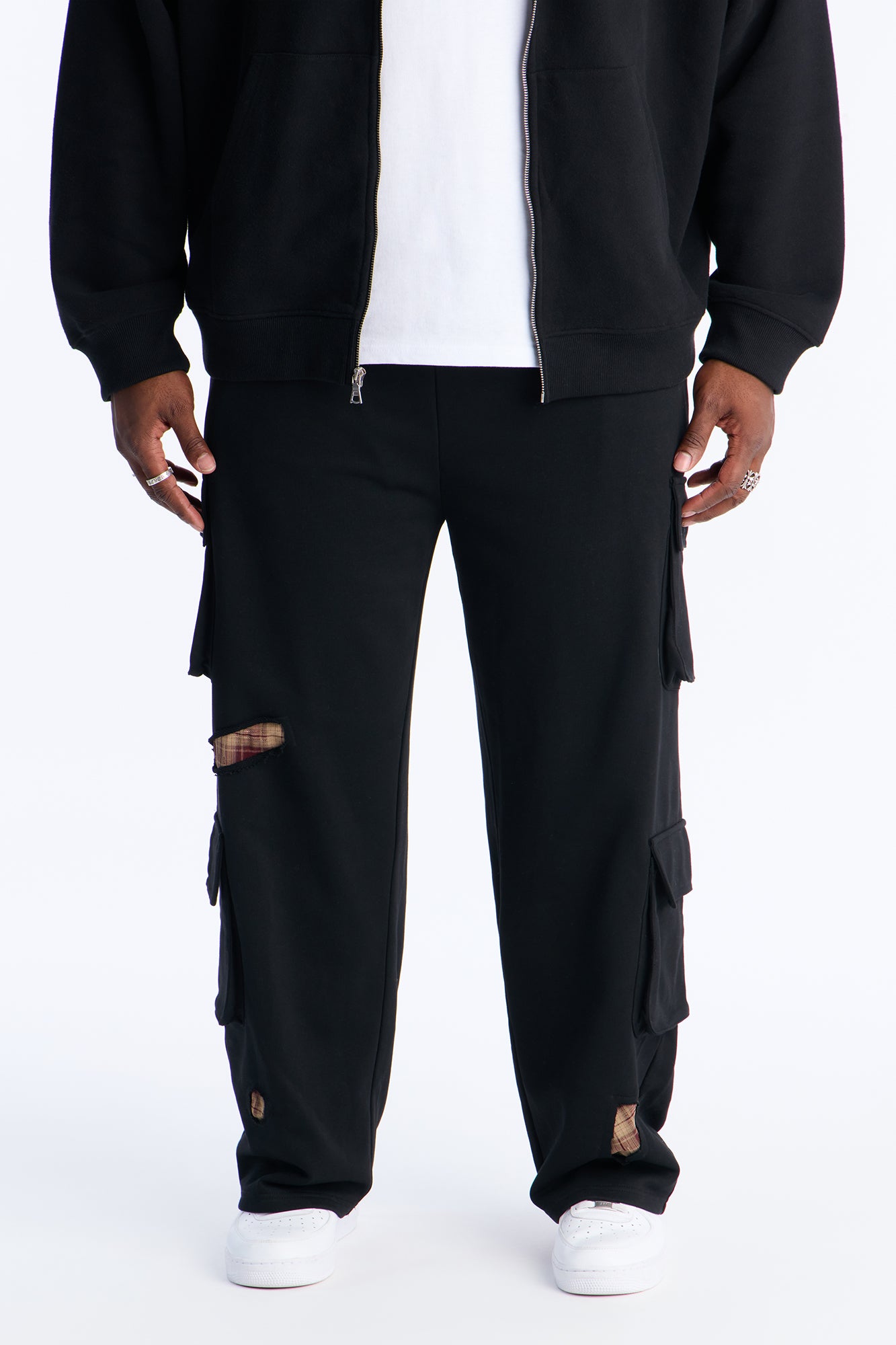 Plaid Patch Straight Sweatpants - Black