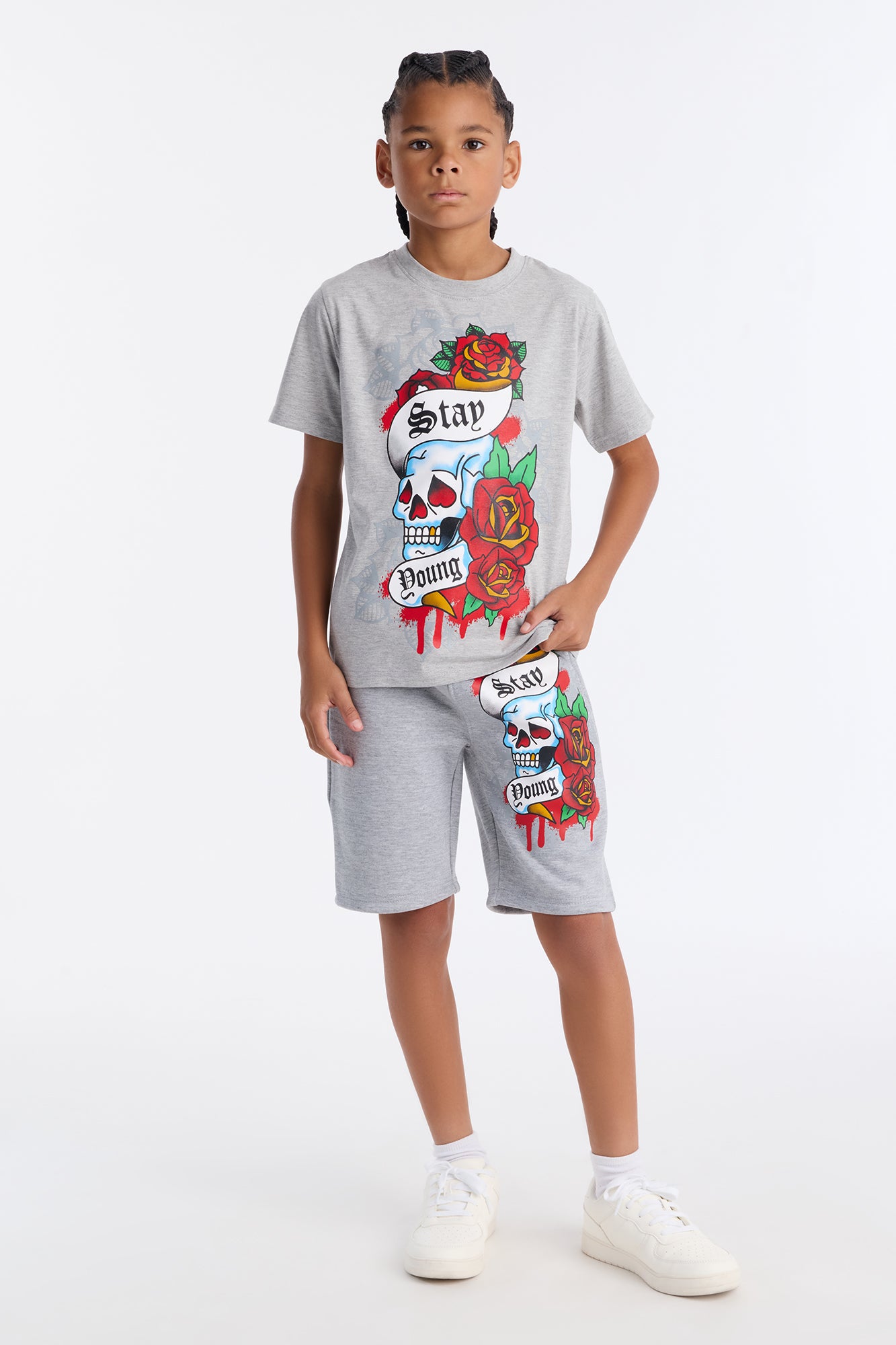 Mini Stay Young Fleece Short Set - Heather Grey