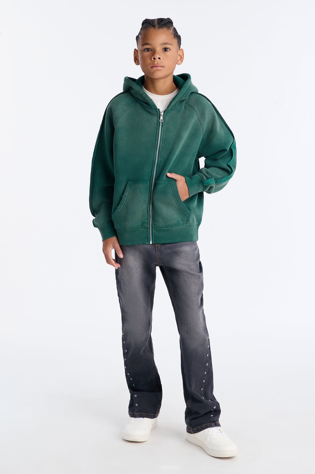 Mini Extra Raw Faded Distressed Zip Up Hoodie - Green