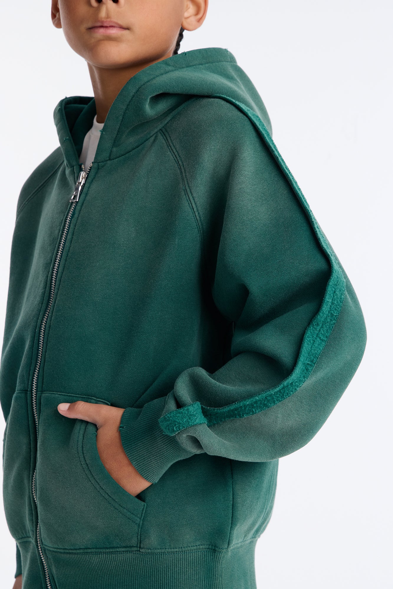 Mini Extra Raw Faded Distressed Zip Up Hoodie - Green