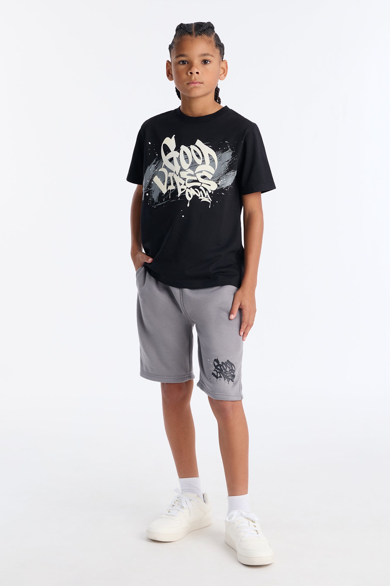 Mini Just Good Vibes Fleece Short Set - Black/Grey