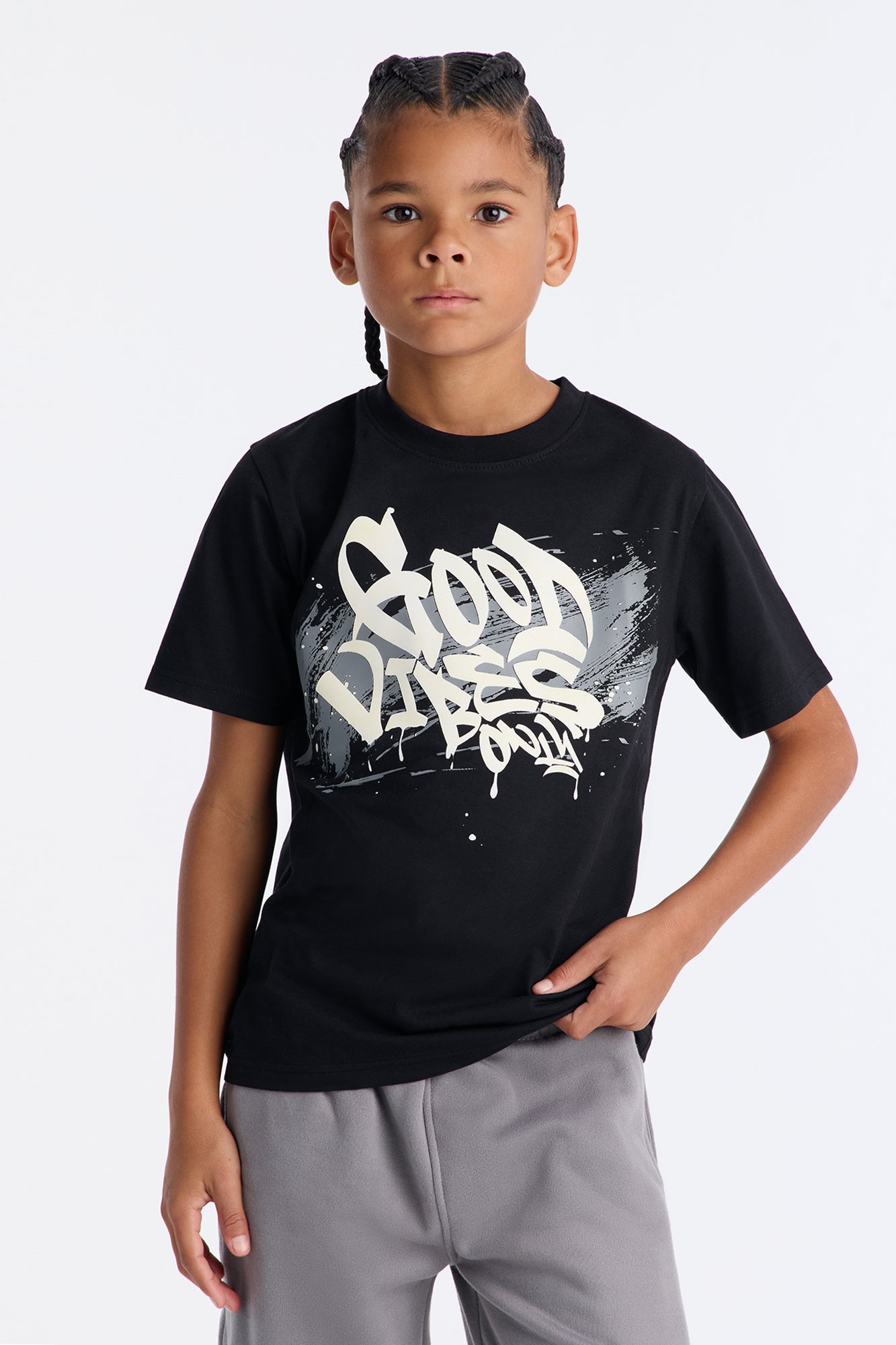 Mini Just Good Vibes Fleece Short Set - Black/Grey