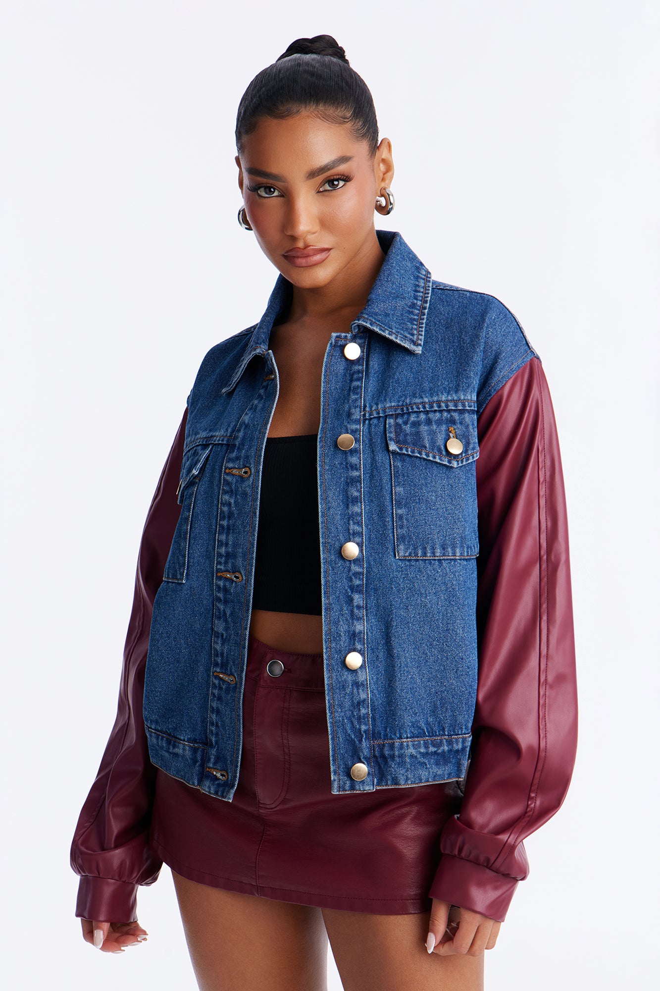 Hotwired Faux Leather Bomber Jacket - Medium Wash