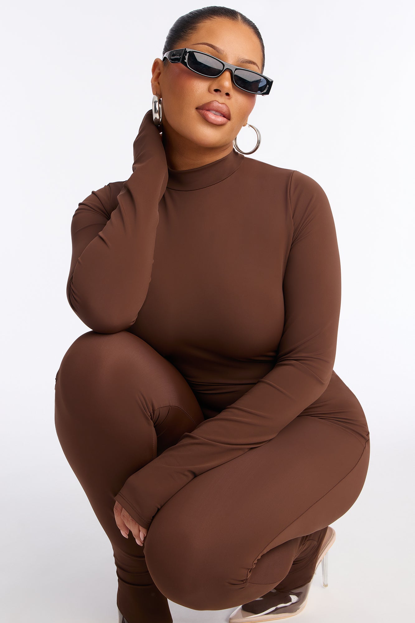 Francesca Mock Neck Footed Catsuit - Chocolate