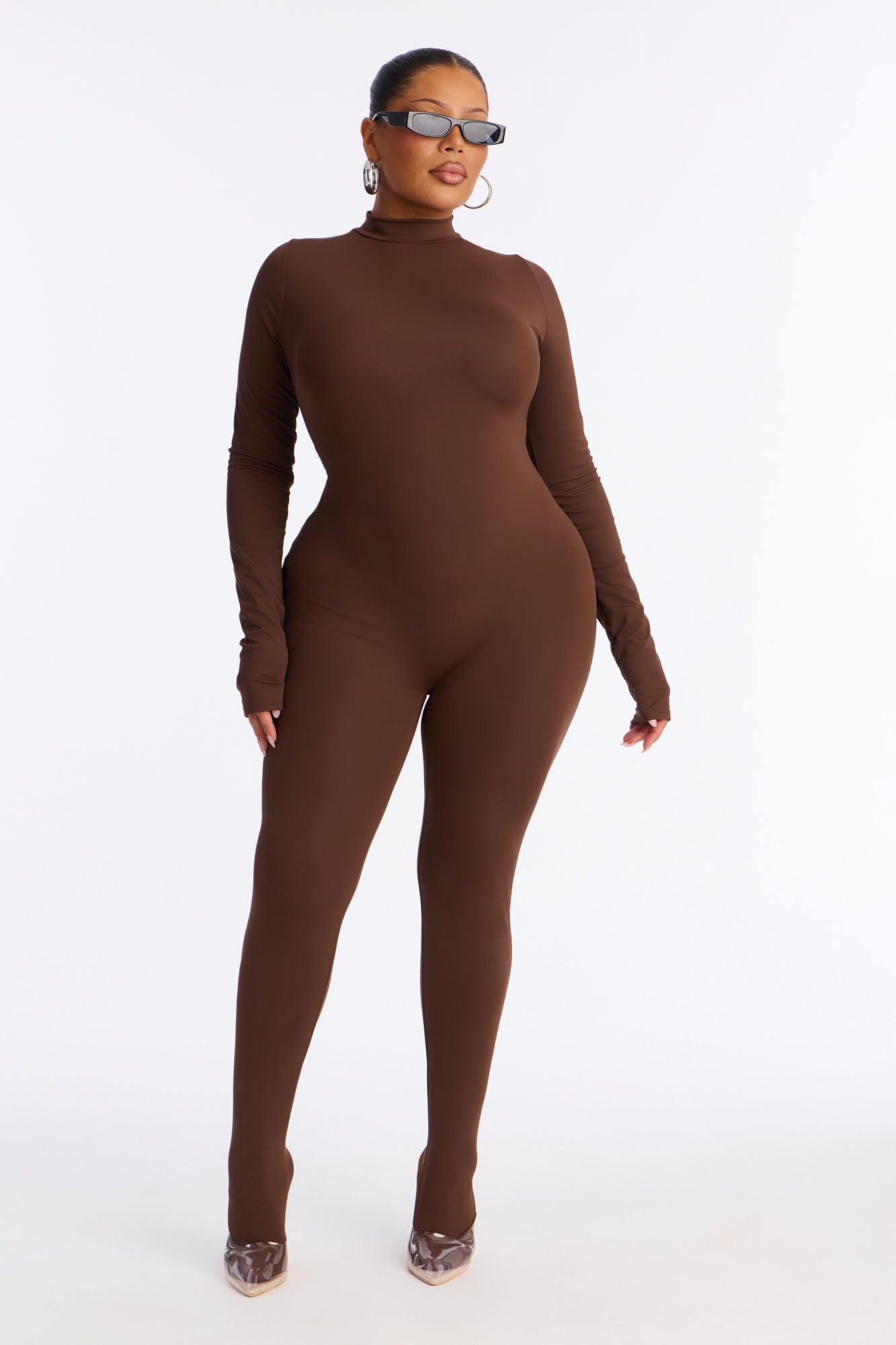 Francesca Mock Neck Footed Catsuit - Chocolate