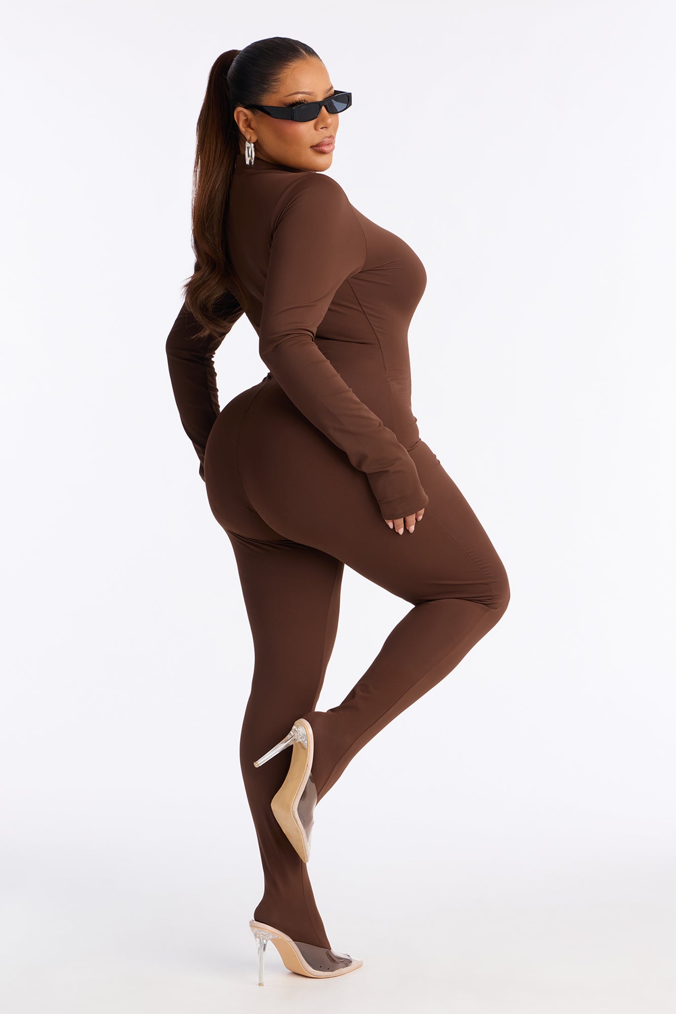Francesca Mock Neck Footed Catsuit - Chocolate