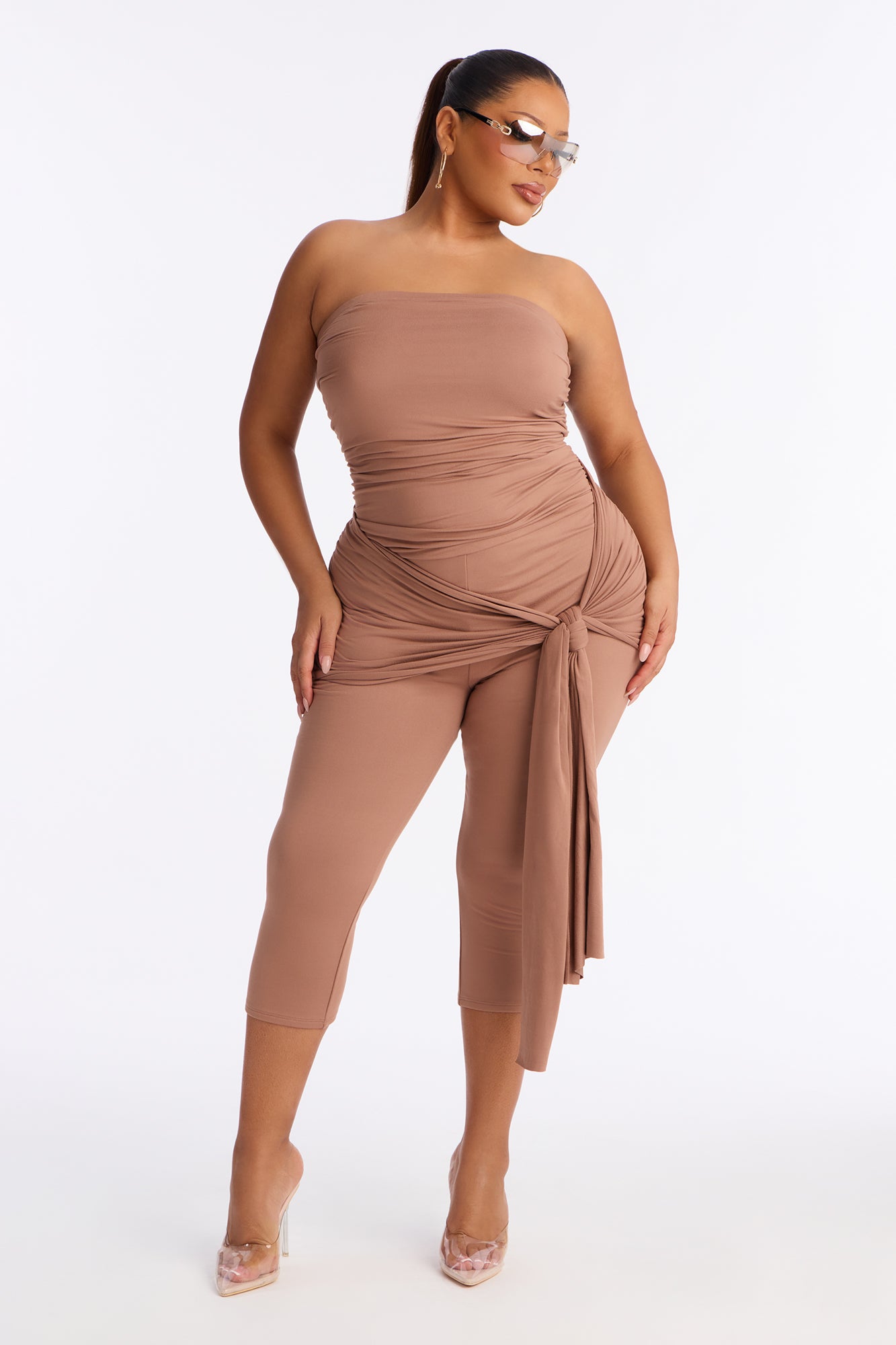 Knot Your Girl Strapless Capri Jumpsuit - Mocha