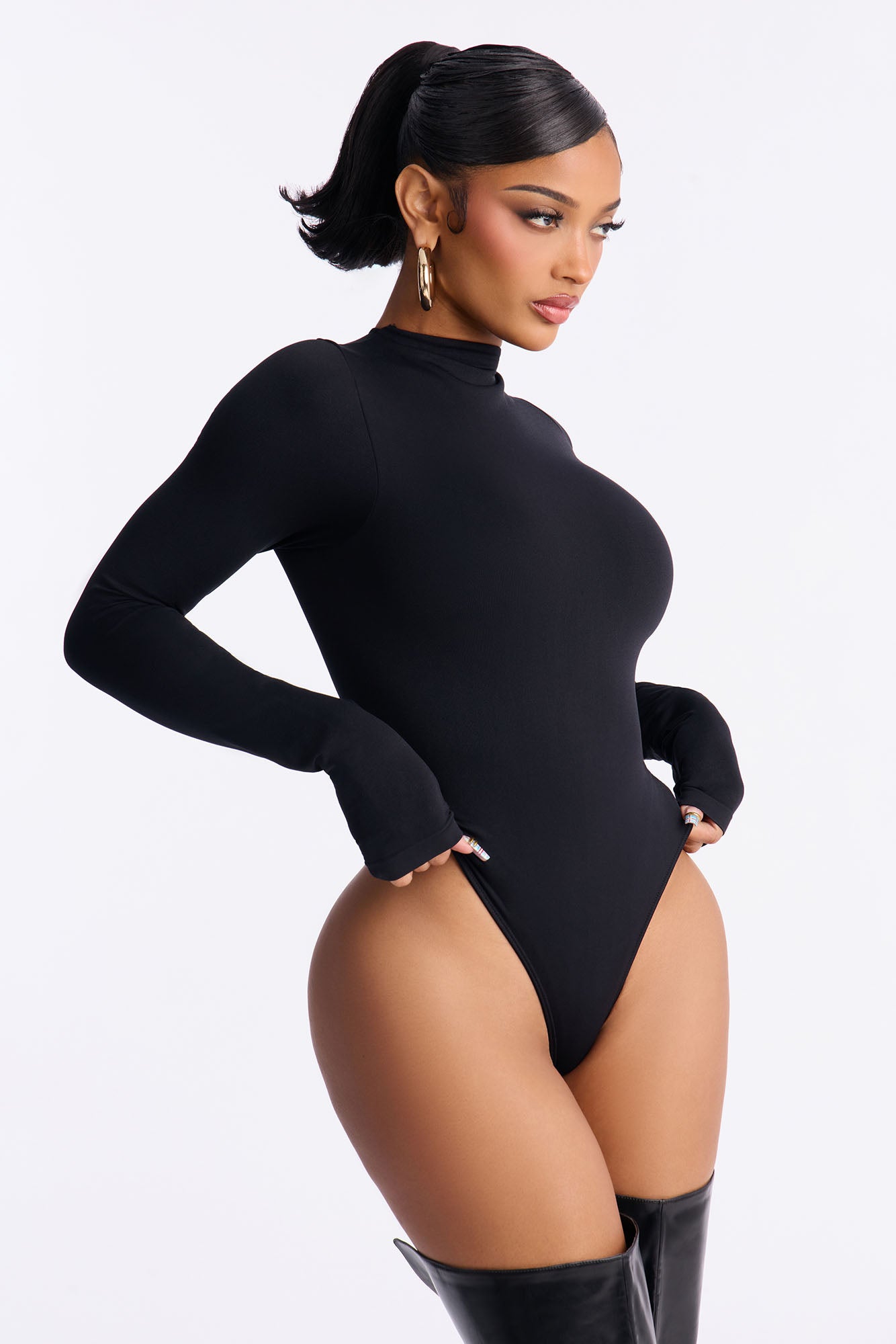 Seamless Smooth Double Lined High Neck Long Sleeve Bodysuit - Black