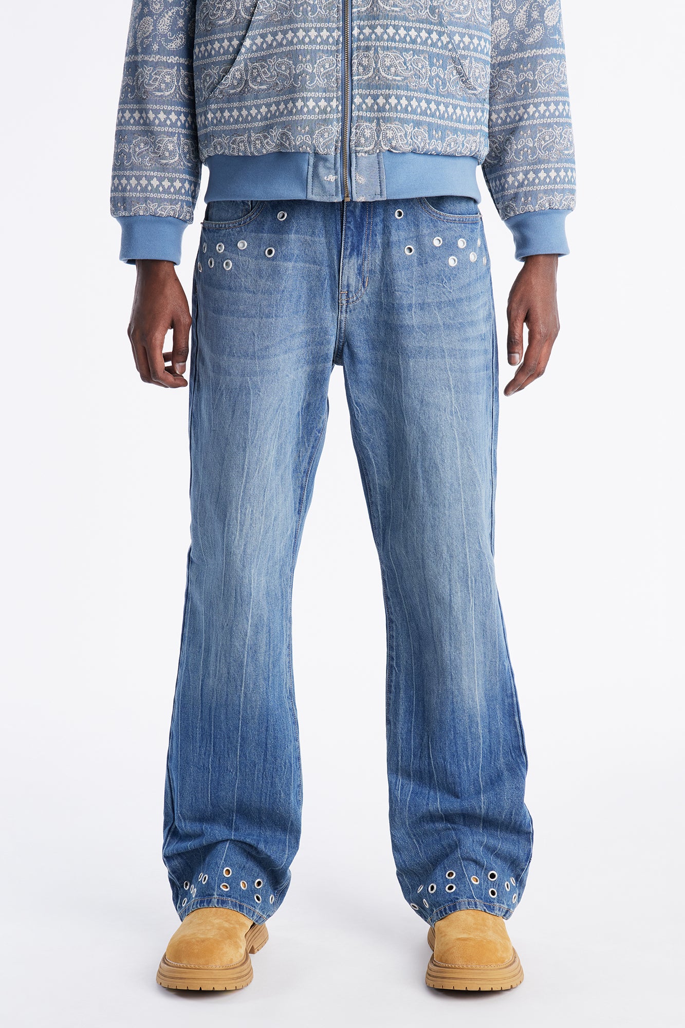 Stacked Slim Flare Laced In Metal Grommet Jean - Medium Blue Wash