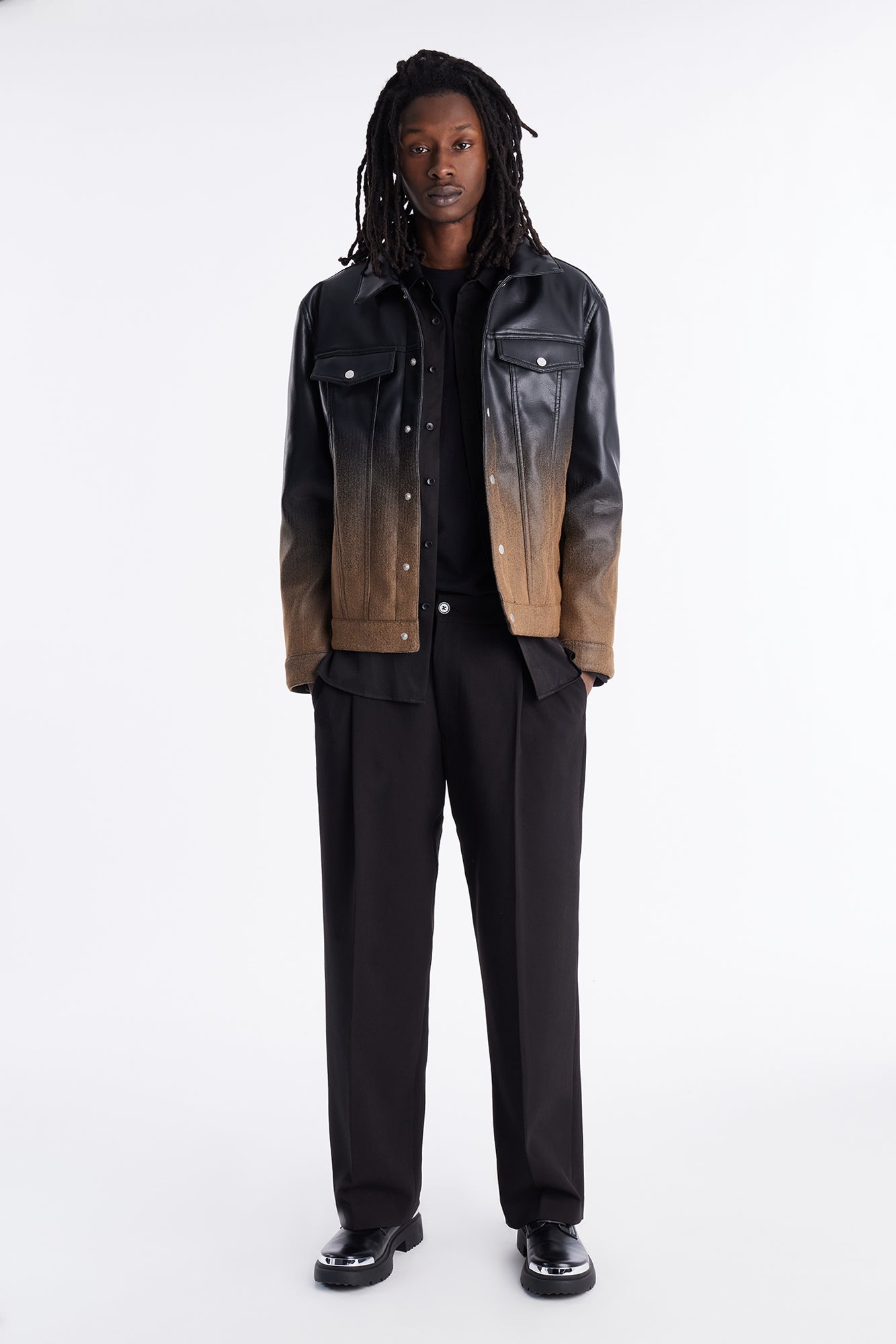 Ombre Faux Leather Trucker Jacket - Brown/combo