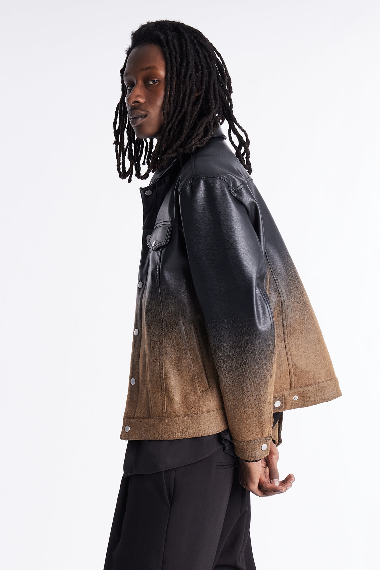 Ombre Faux Leather Trucker Jacket - Brown/combo