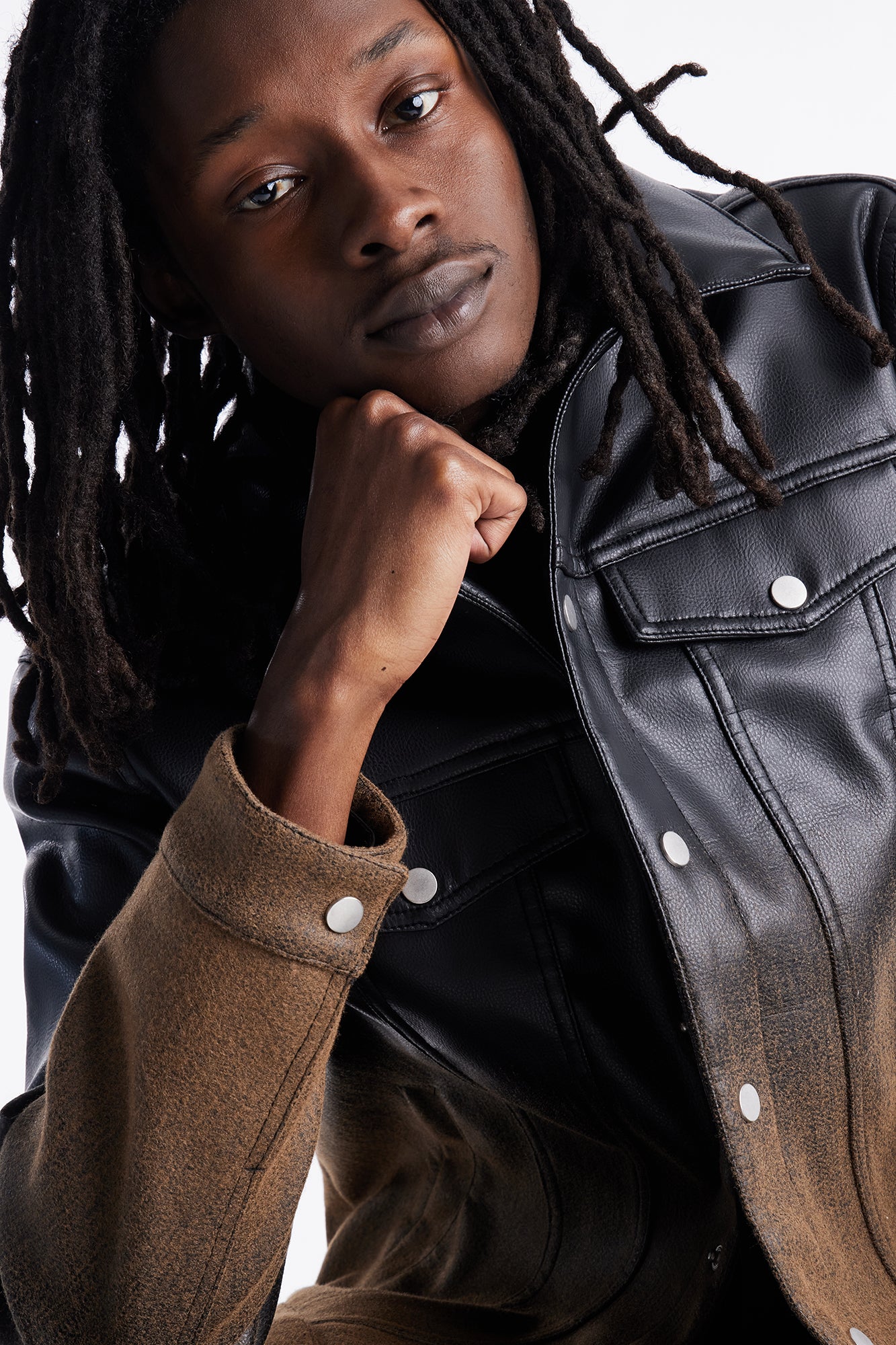 Ombre Faux Leather Trucker Jacket - Brown/combo