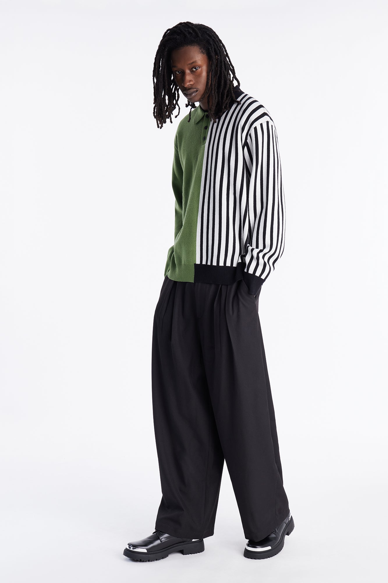 Half Striped Sweater Polo - Green
