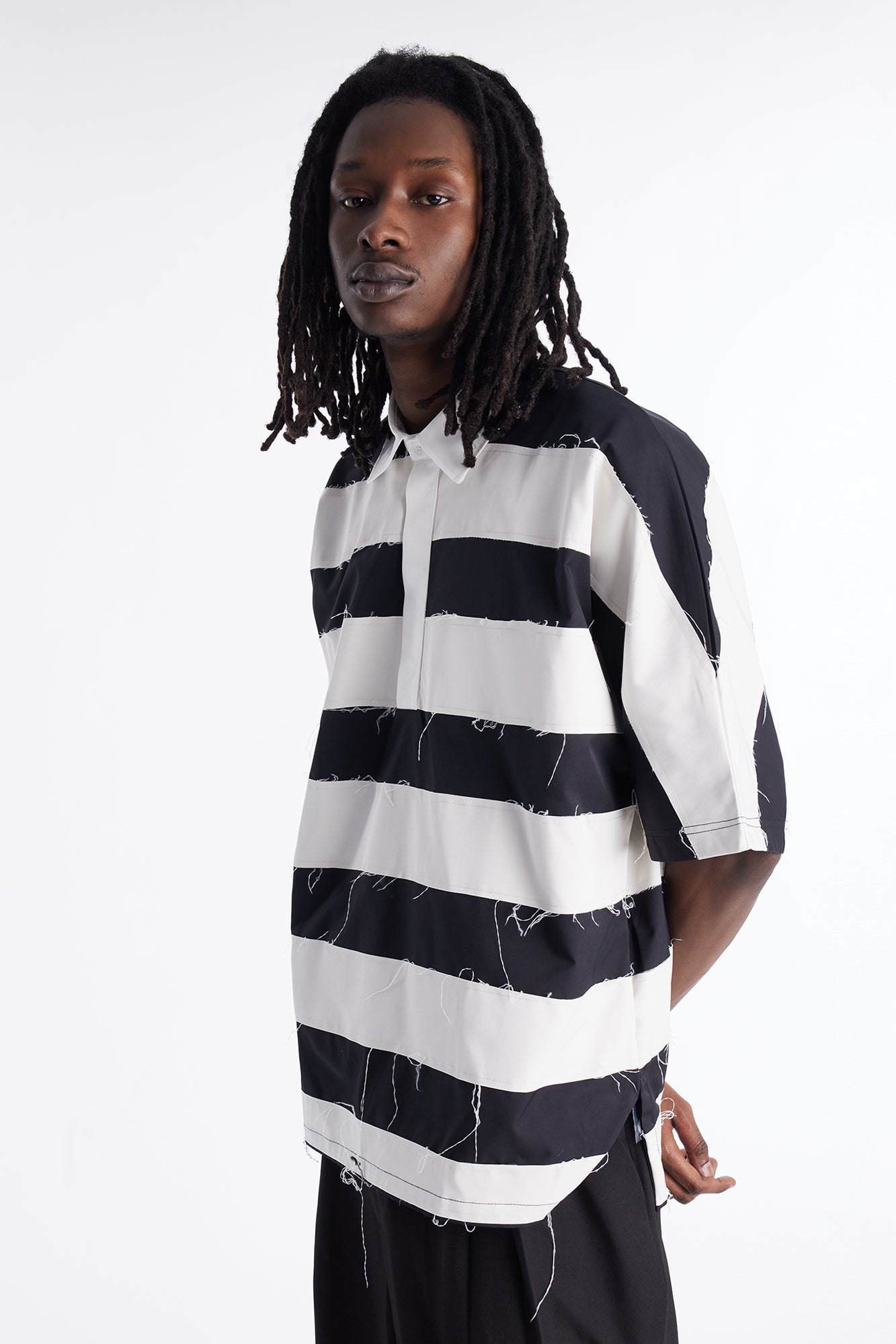 Oversized Frayed Polo Shirt - Black