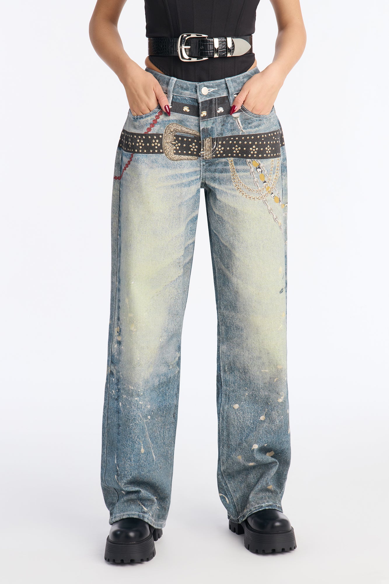Linked Up Printed Wide Leg Jeans - Medium Wash