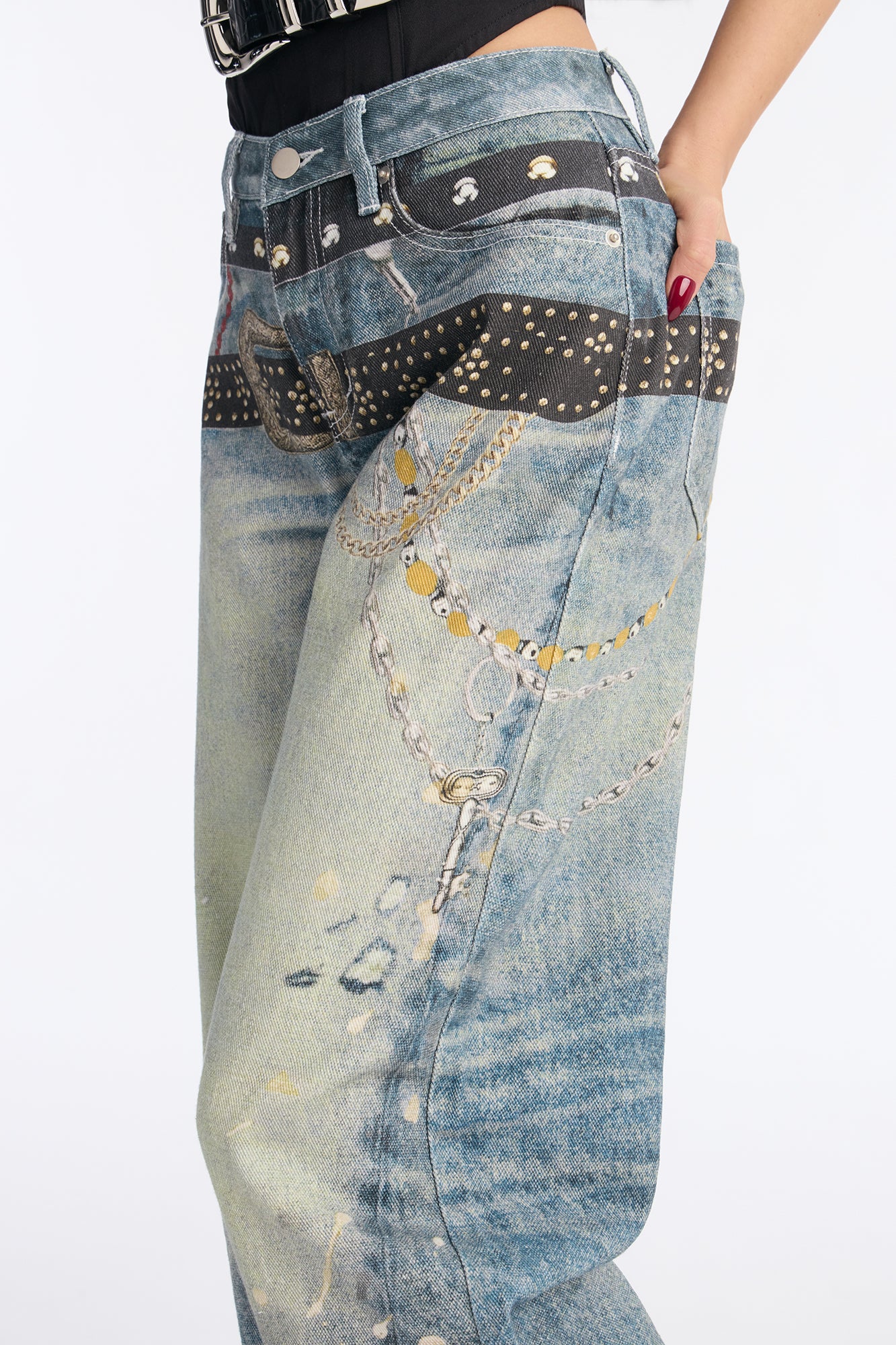 Linked Up Printed Wide Leg Jeans - Medium Wash