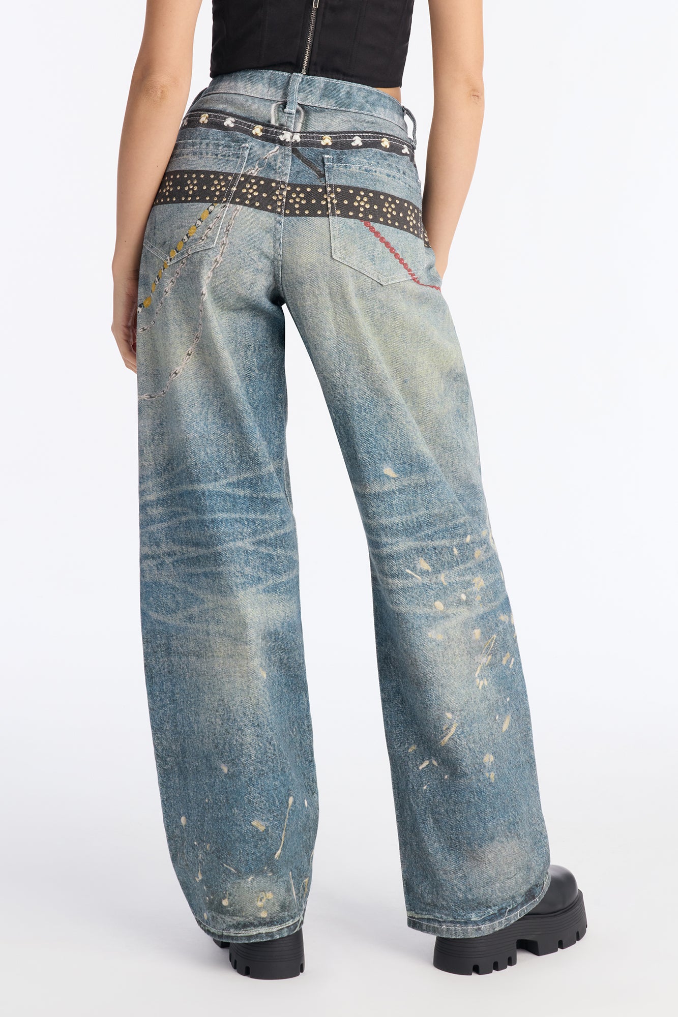 Linked Up Printed Wide Leg Jeans - Medium Wash