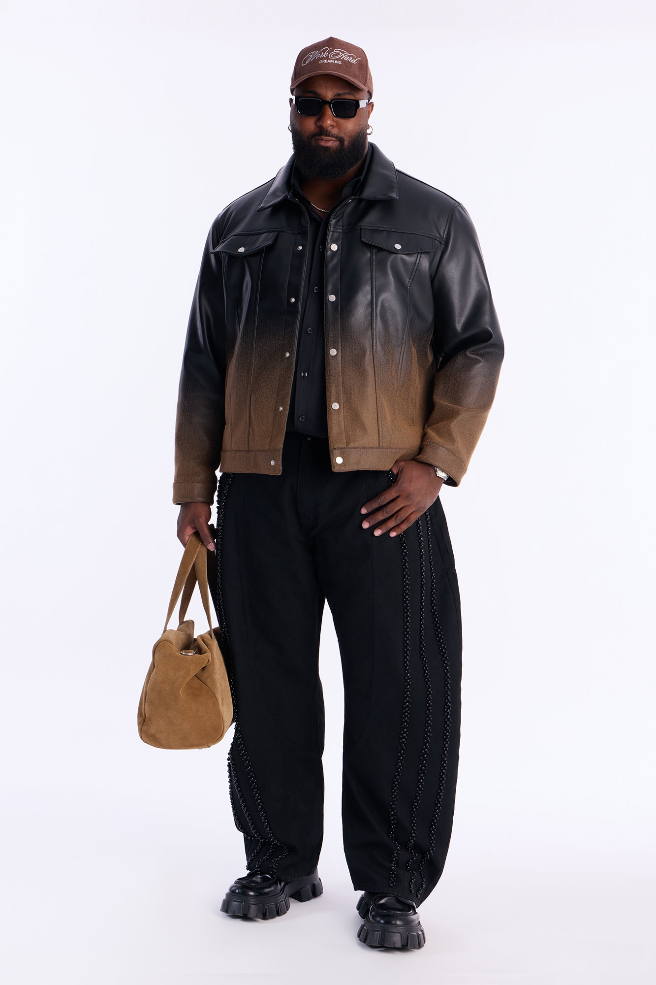 Ombre Faux Leather Trucker Jacket - Brown/combo