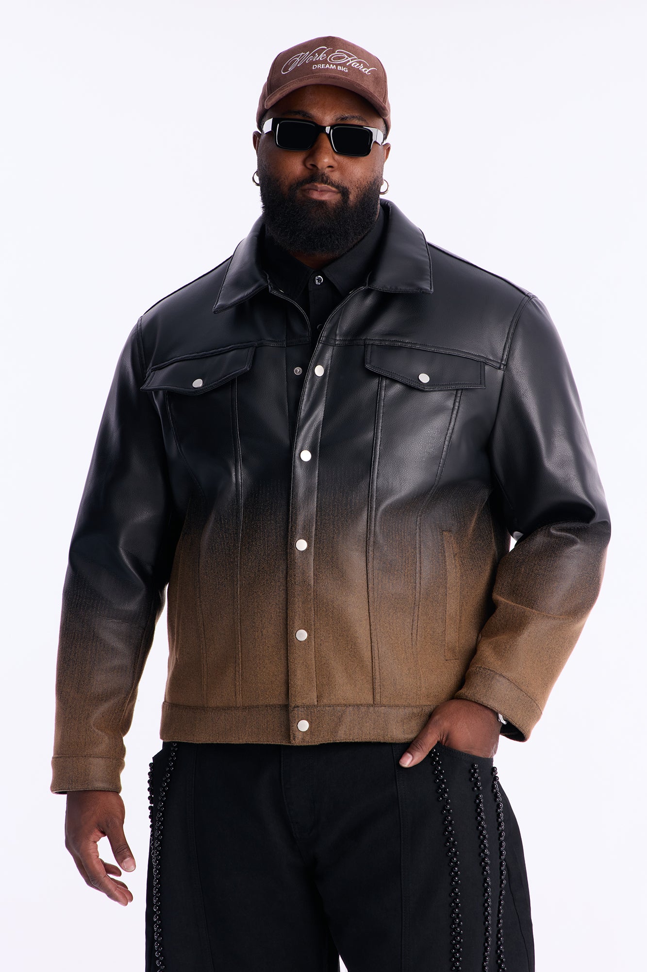 Ombre Faux Leather Trucker Jacket - Brown/combo