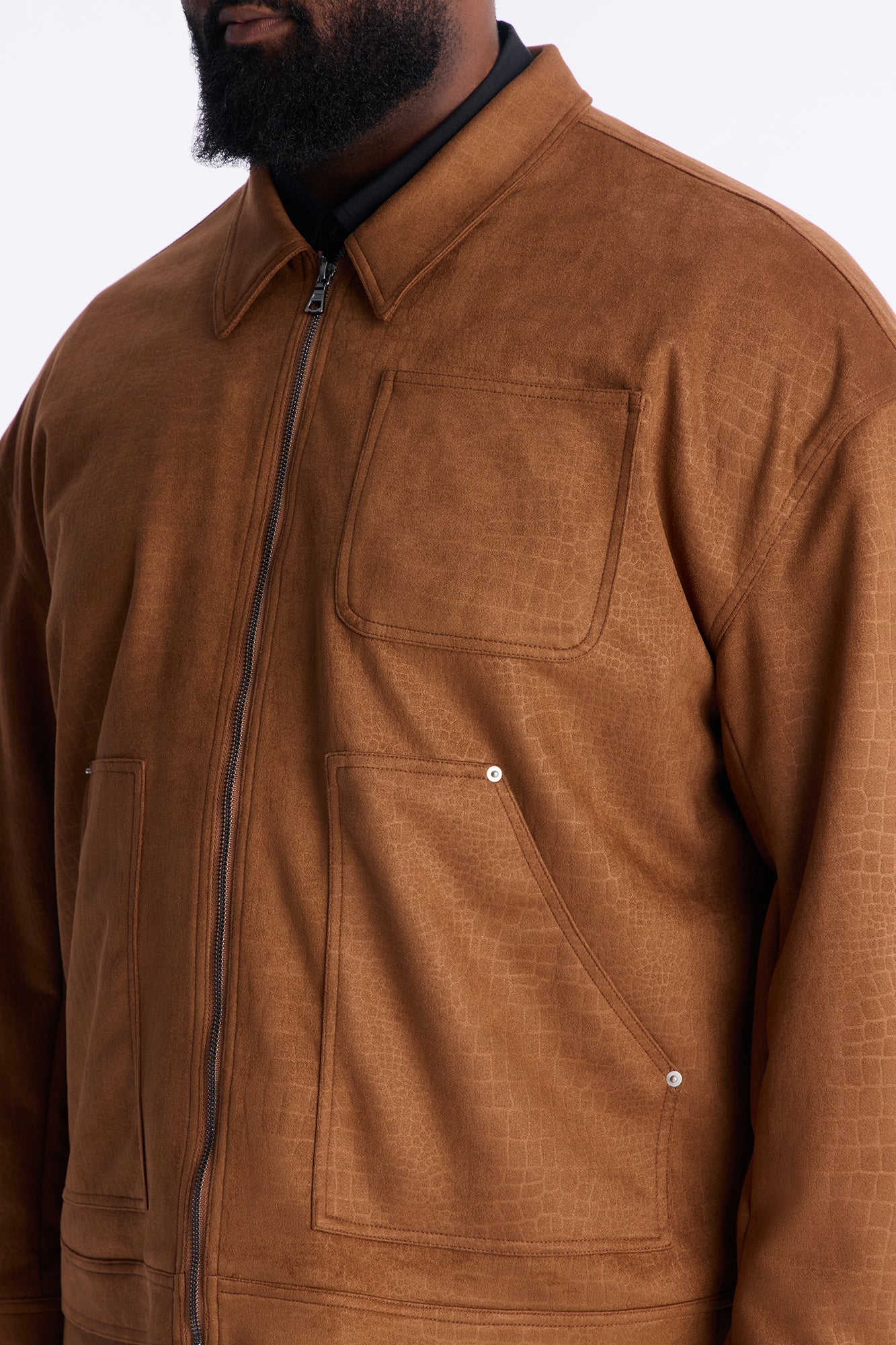 Matte Croc Faux Leather Jacket - Brown