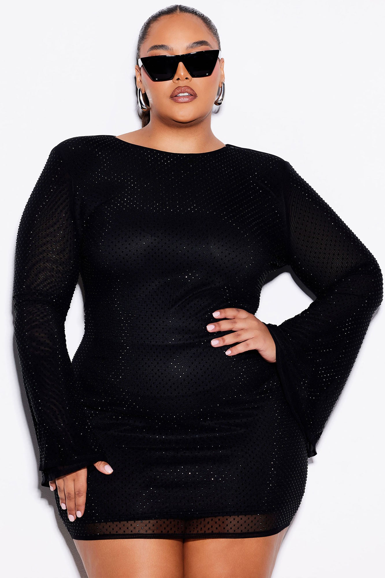Sarah Rhinestone Mesh Mini Dress - Black