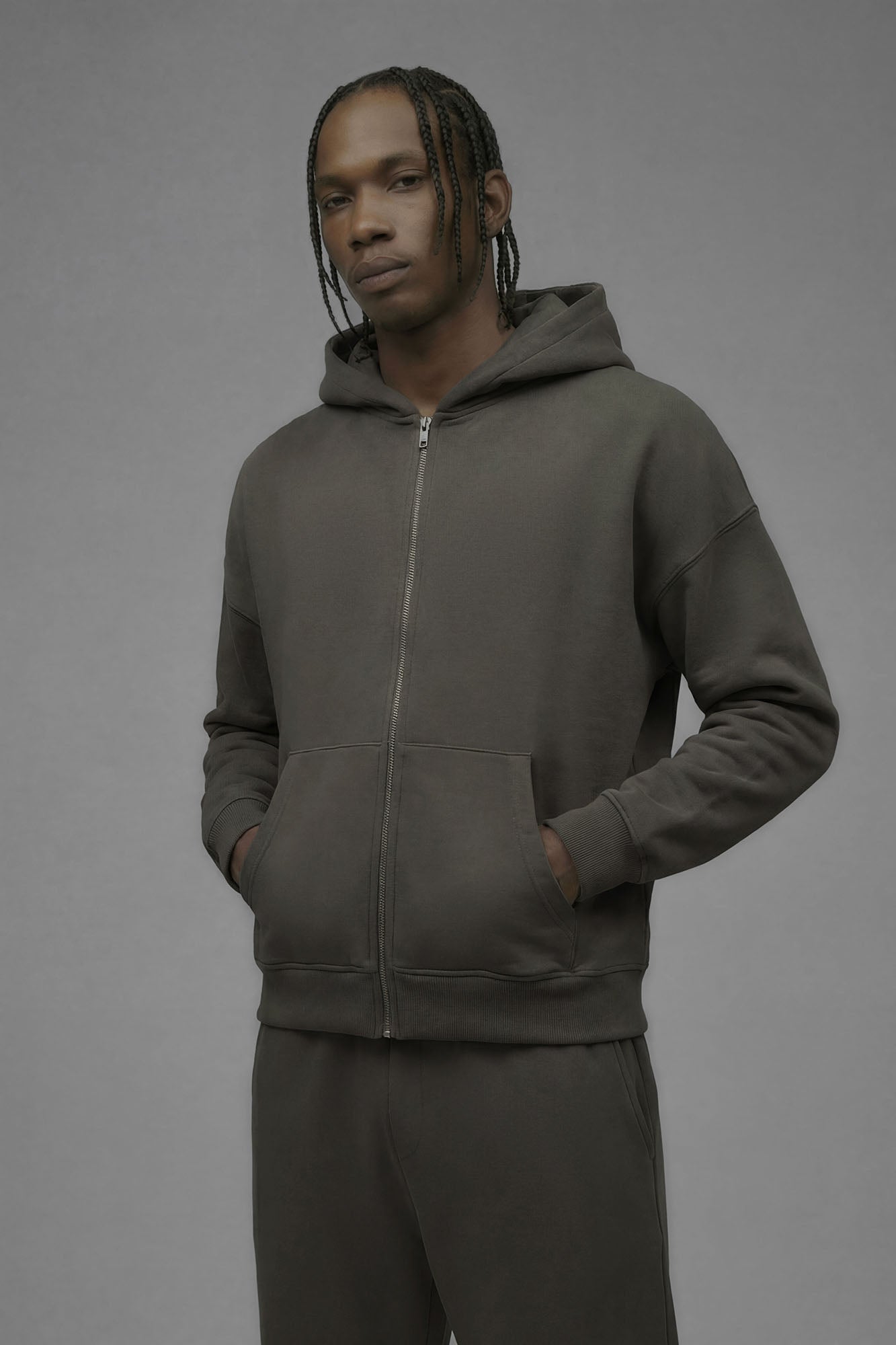 410 Oversized Cropped Zip Hoodie - Moss Grey