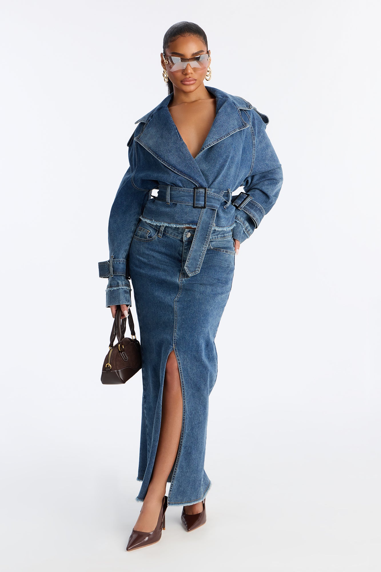Frida Denim Belted Maxi Skirt Set - Medium Wash