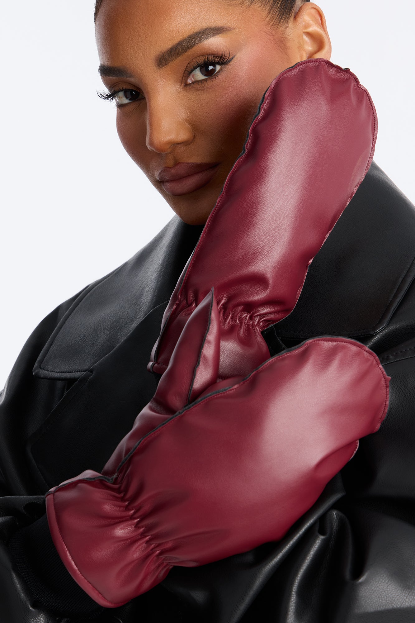 Mitten Kitten Faux Leather Mittens - Burgundy