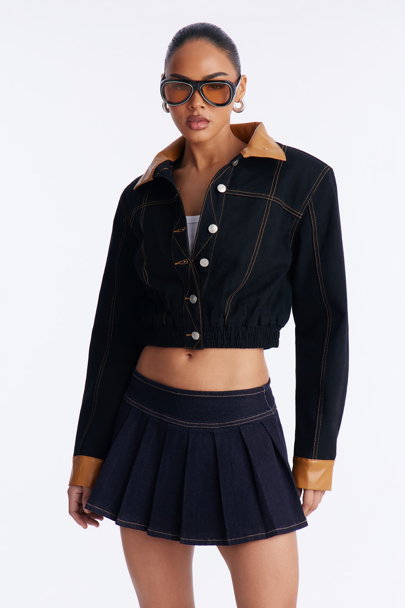 Franny Cropped Denim Bomber Jacket - Black/Brown
