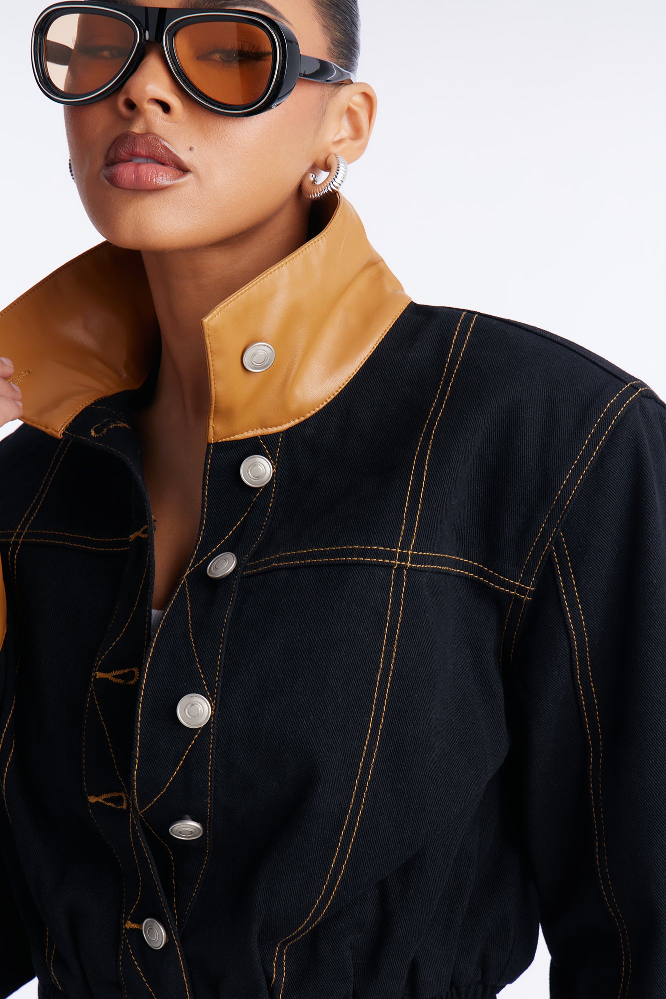Franny Cropped Denim Bomber Jacket - Black/Brown