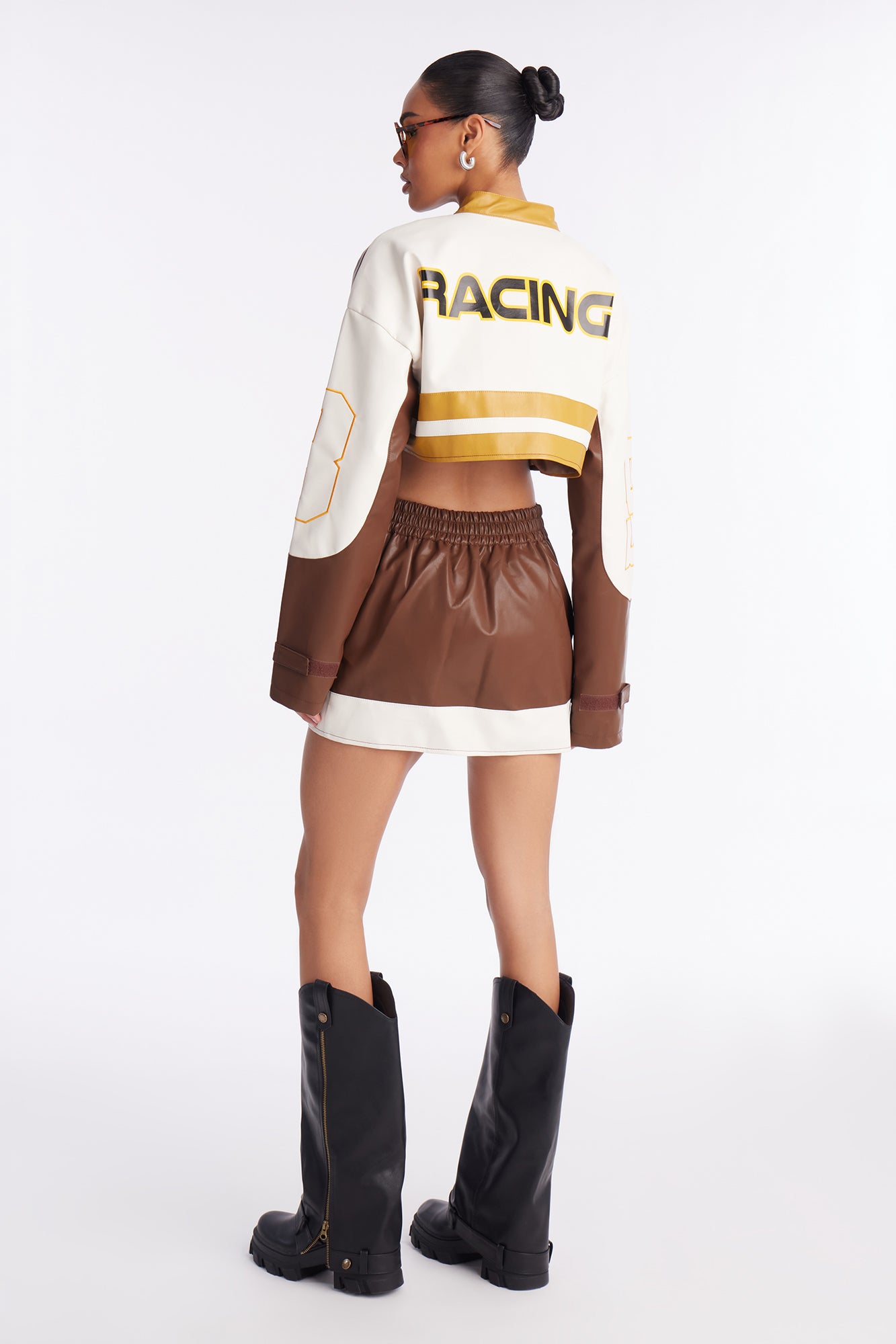 93' Racing Faux Leather Skirt Set - Brown/combo