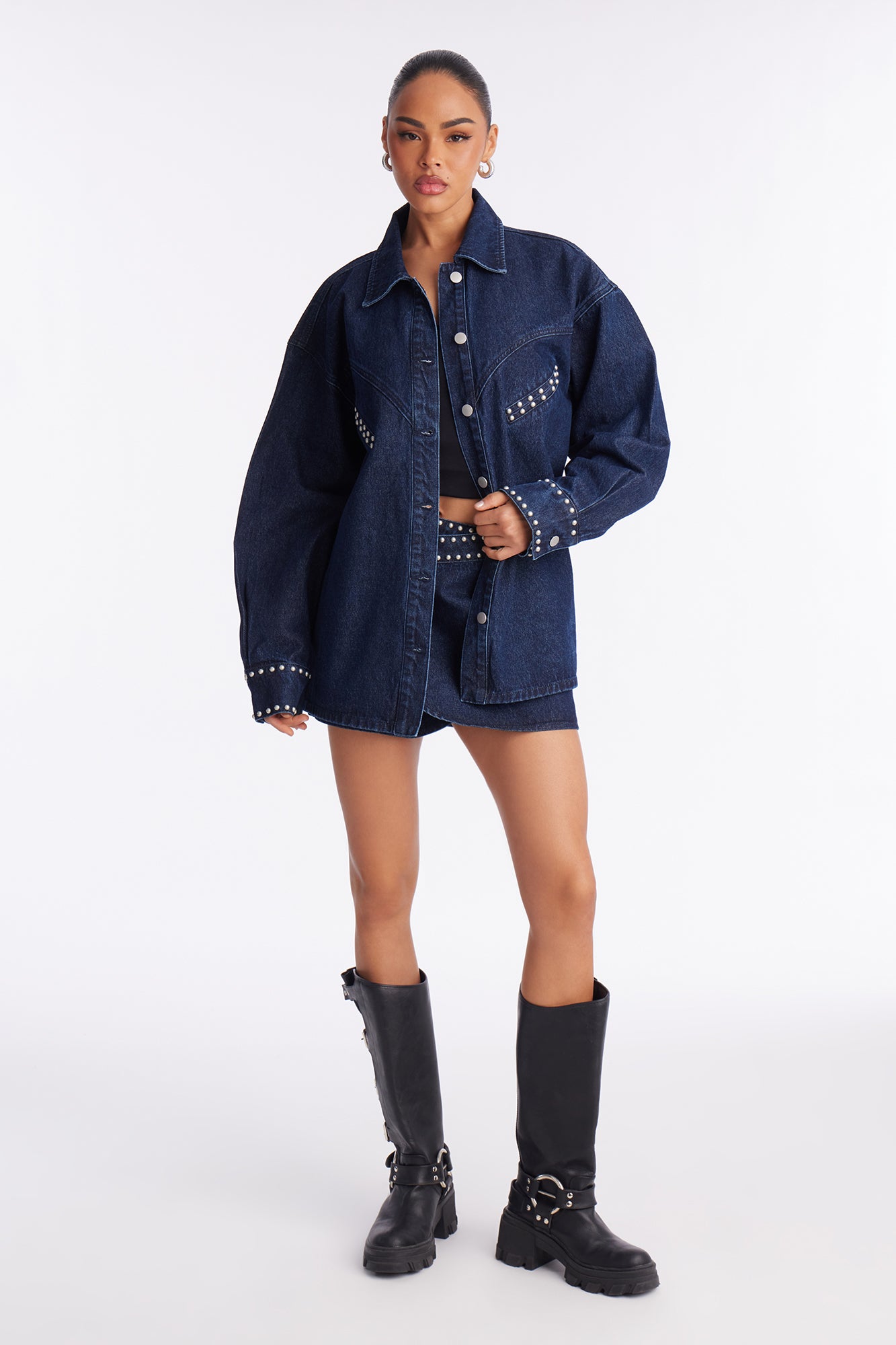 Sanna Studded Denim Mini Skirt Set - Dark Wash