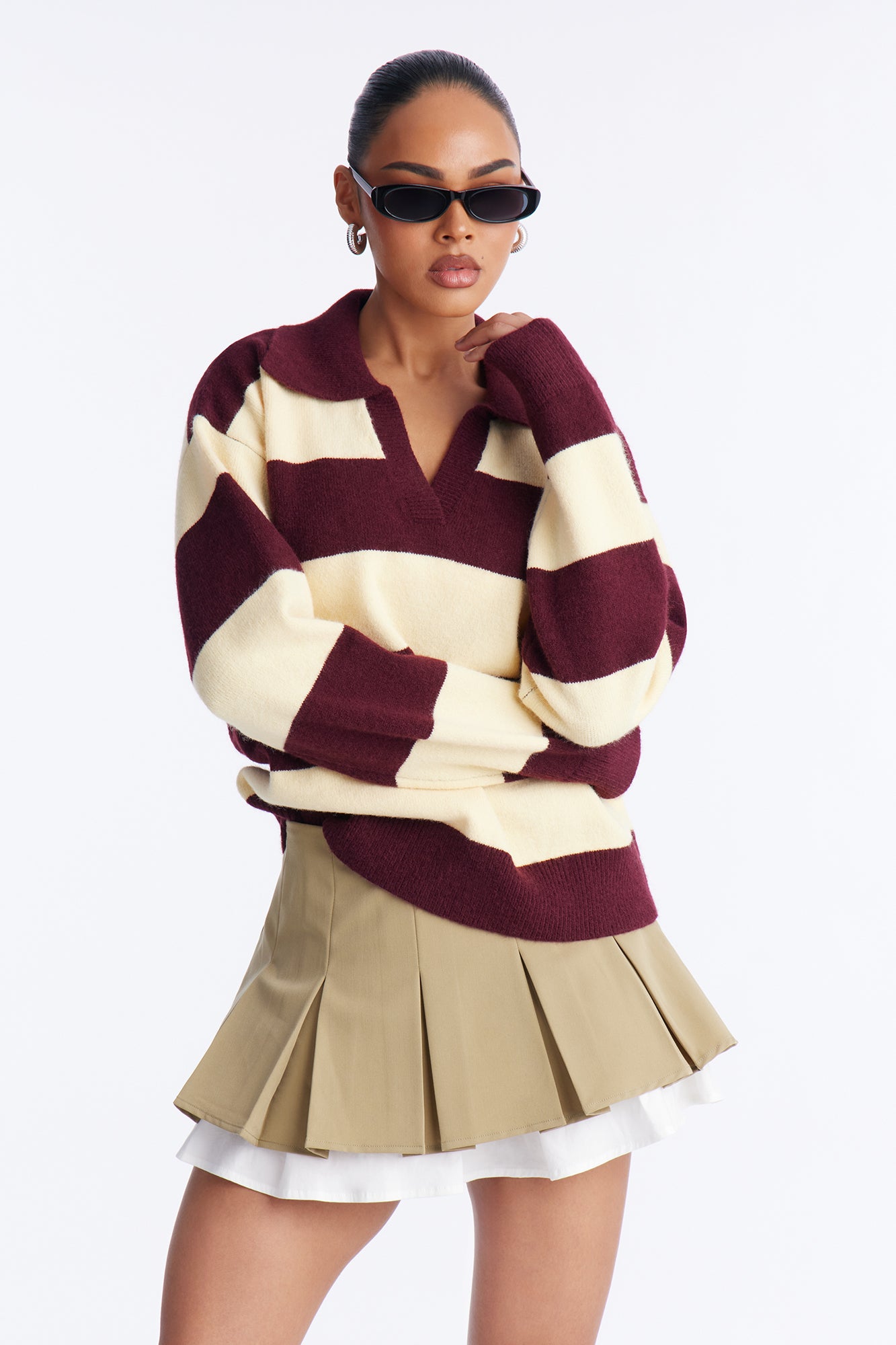 Study Date Collared Striped Sweater - Burgundy/combo