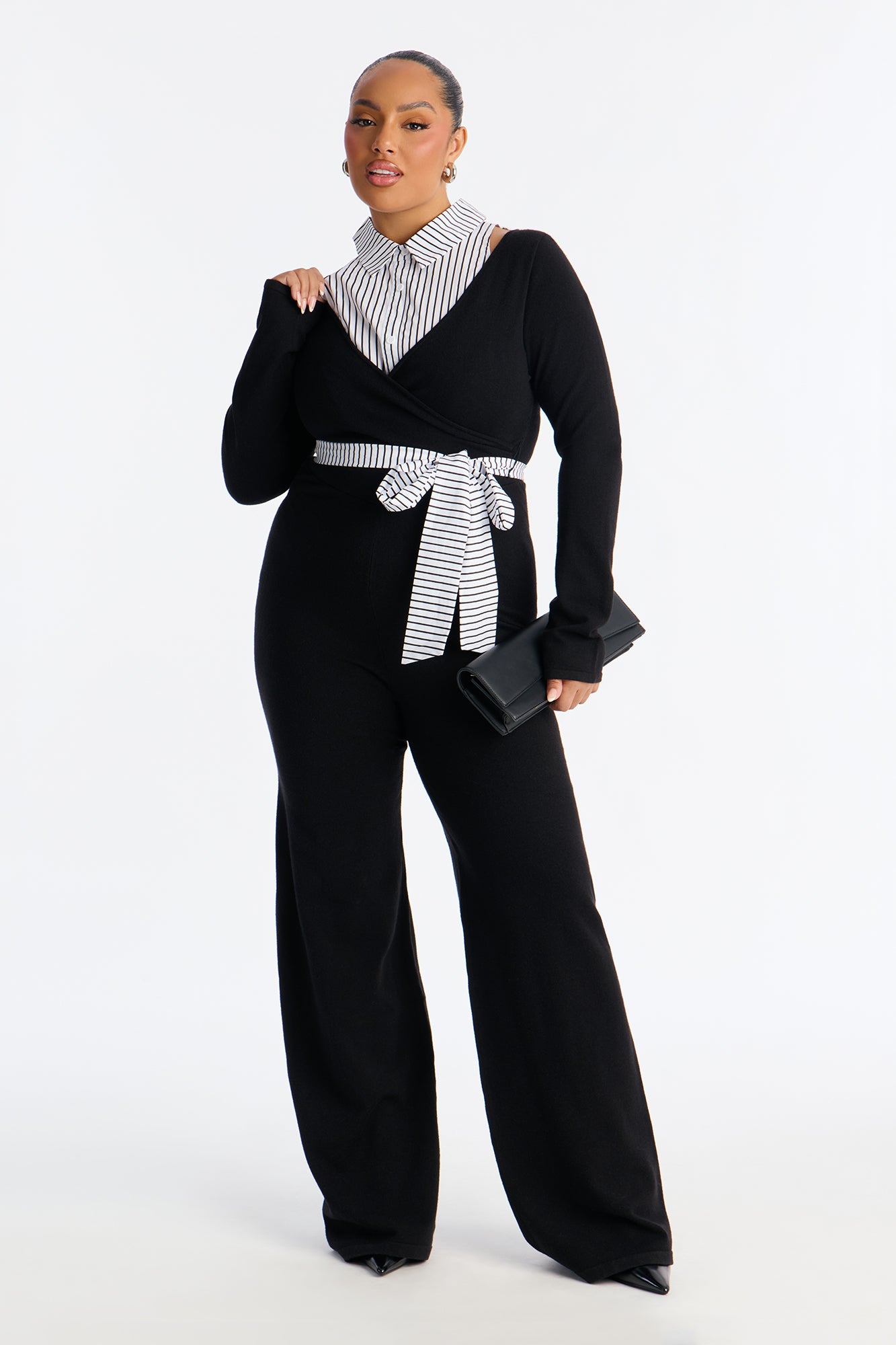 Gianna Tie Waist Collar Sweater Jumpsuit - Black/White