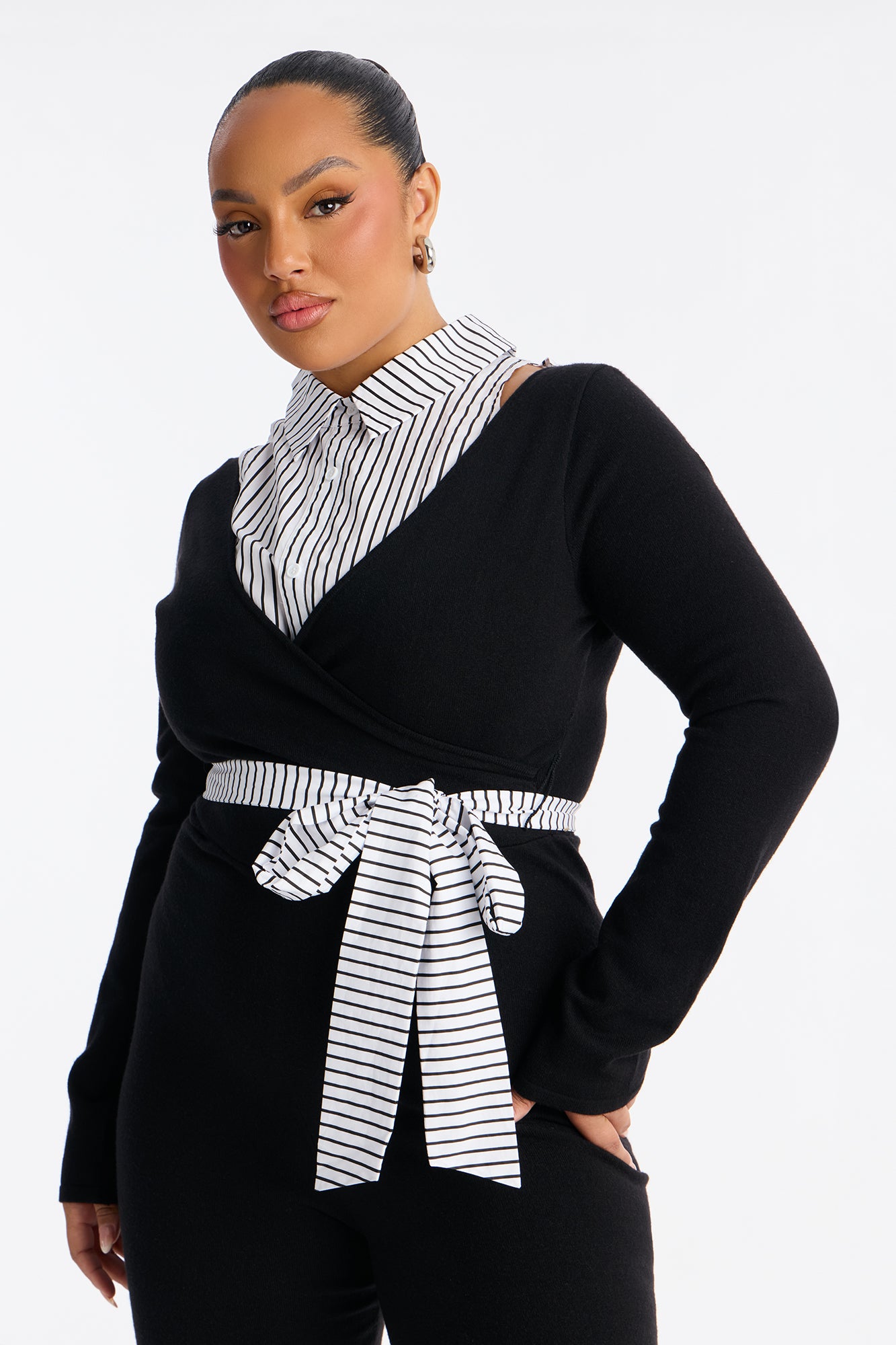 Gianna Tie Waist Collar Sweater Jumpsuit - Black/White