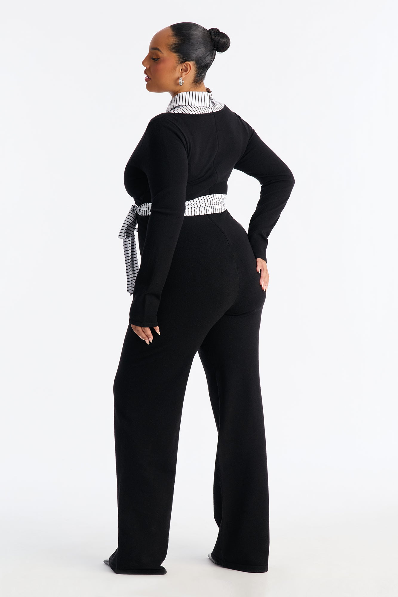 Gianna Tie Waist Collar Sweater Jumpsuit - Black/White