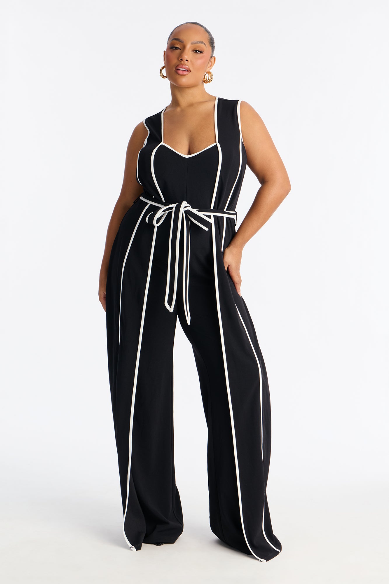 Amalie Tie Belt Wide Leg Jumpsuit - Black/White