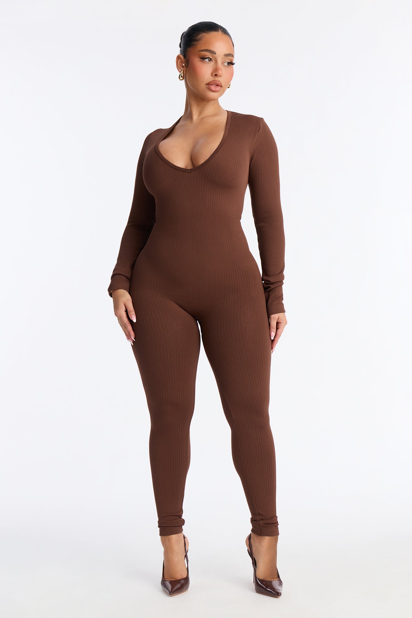 Carolina Ribbed Plunge Neck Catsuit - Chocolate