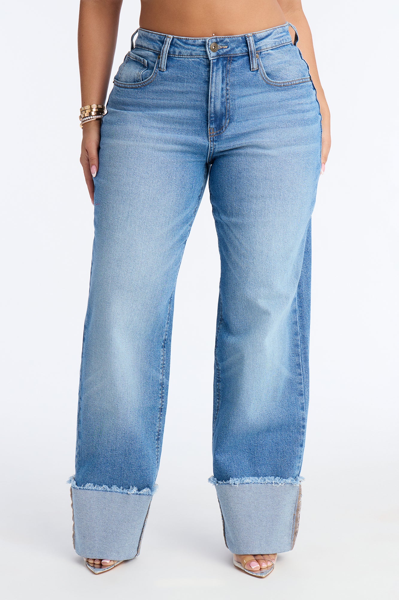 Still To Come Cuffed Wide Leg Jeans - Light Wash