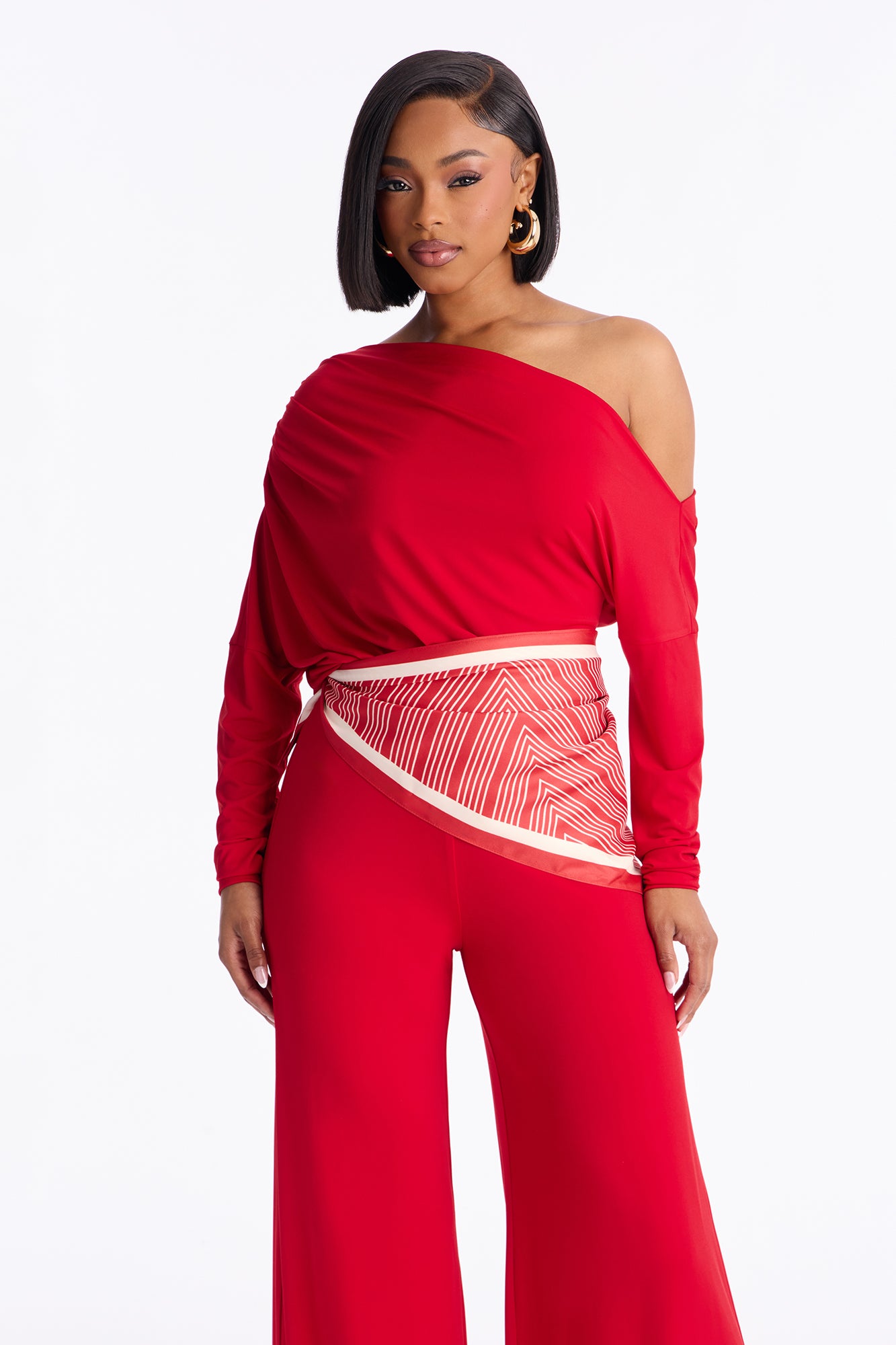 Define Me 3 Piece Scarf Pant Set - Red