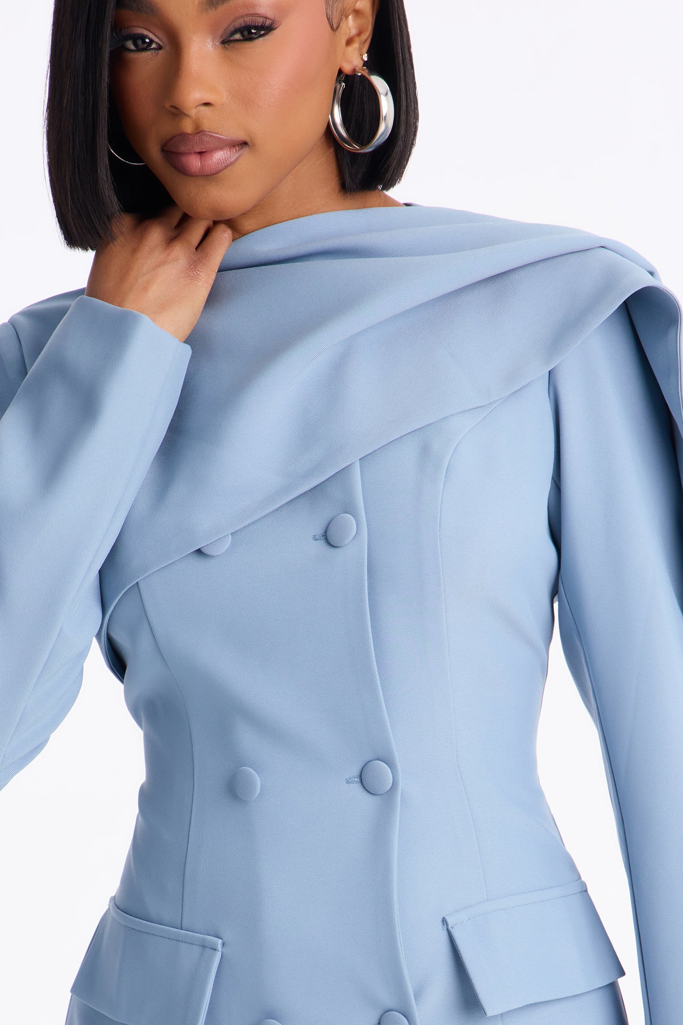 Run The World Long Sleeve Blazer Mini Dress - Dusty Blue